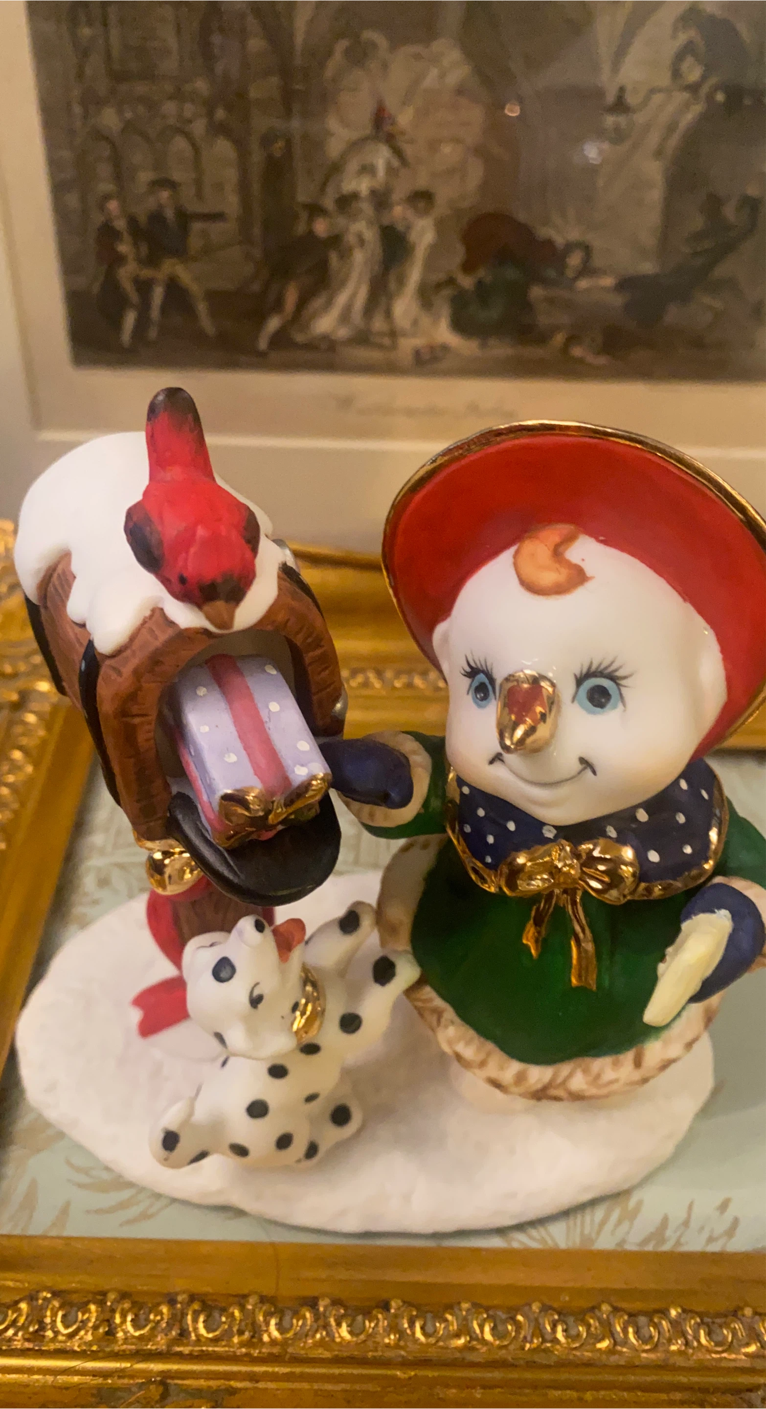 Vintage Snowman Figurine with Dog & Mailbox