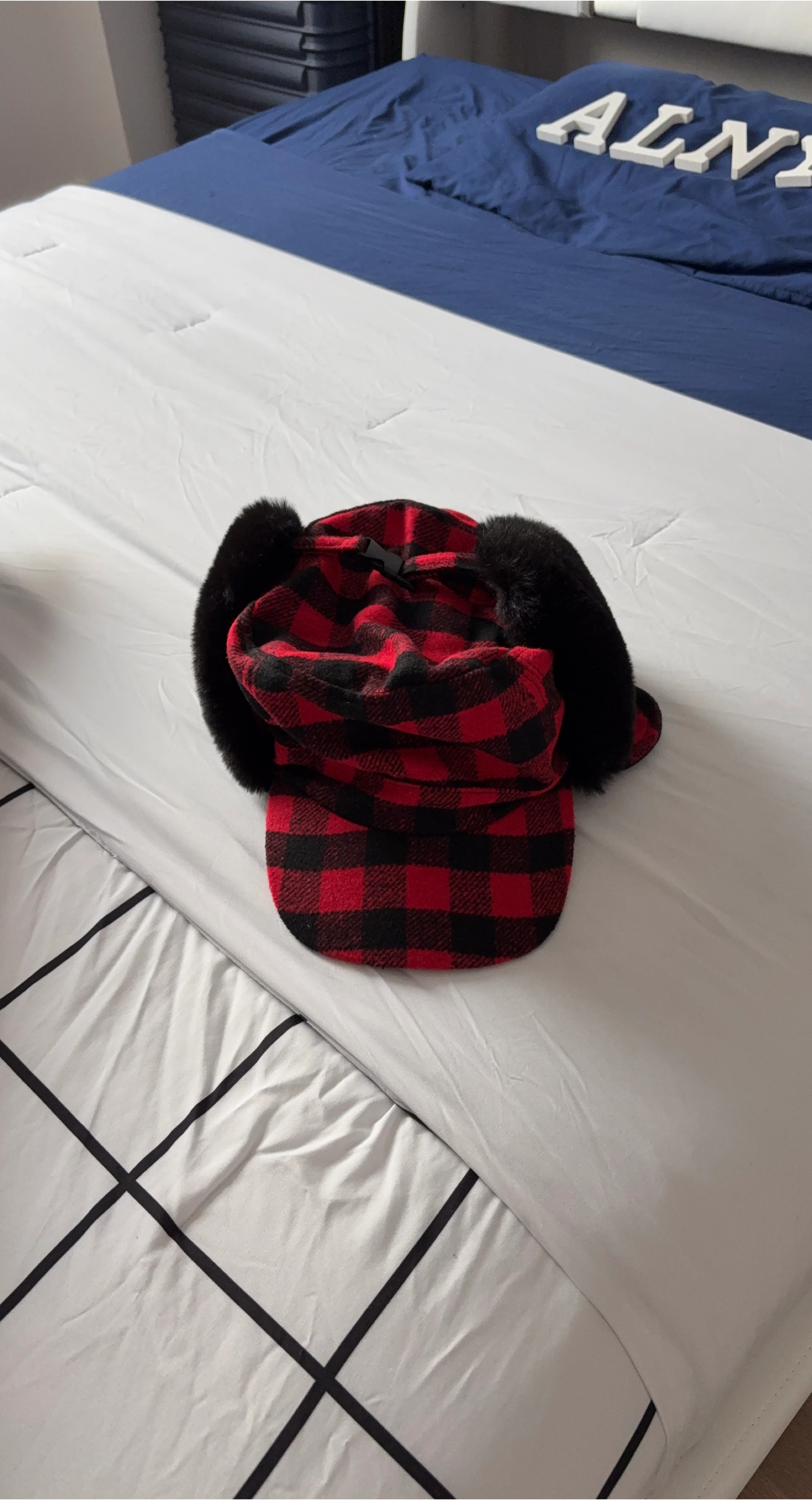 Red & Black Plaid Trapper Hat with Faux Fur
