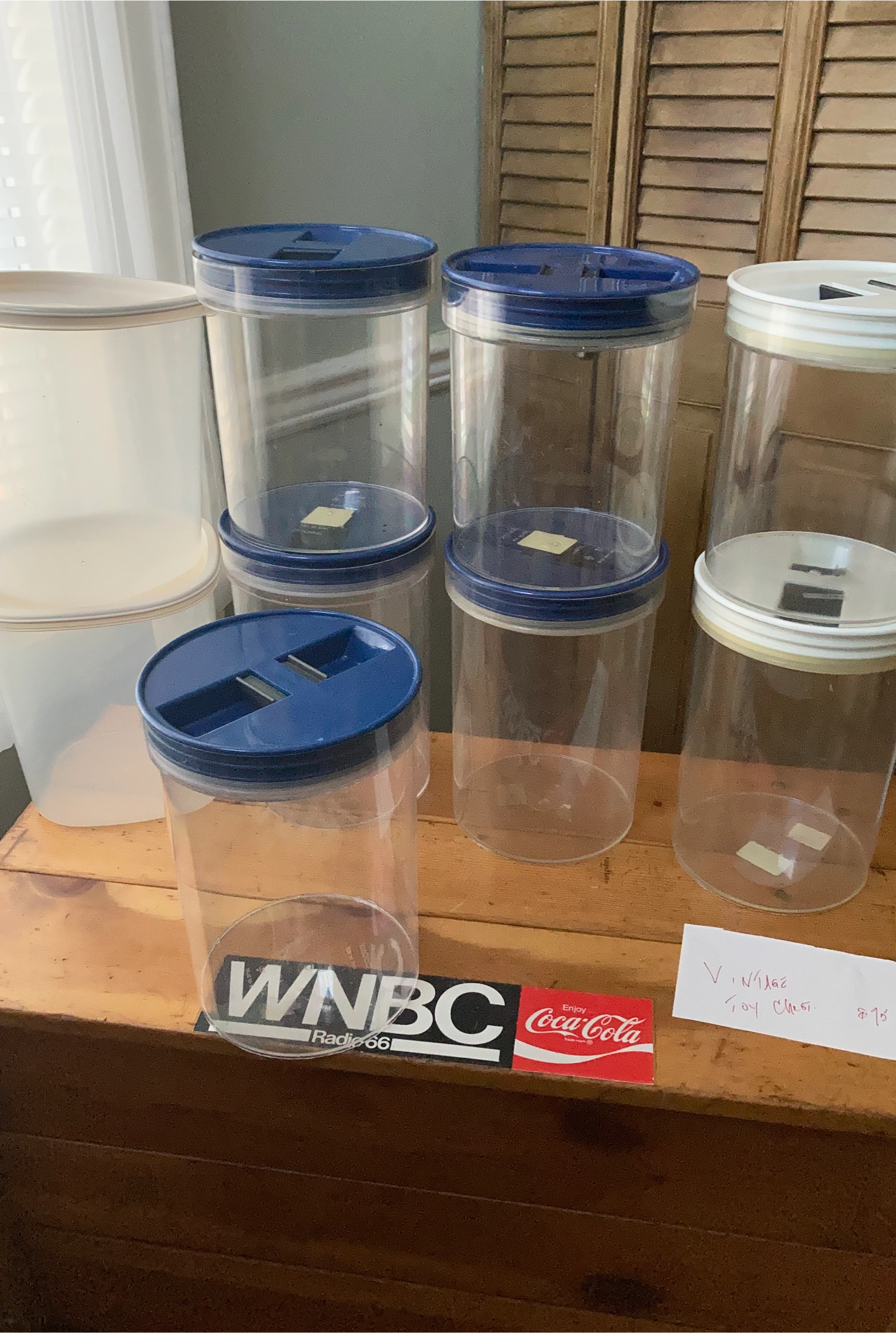 Vintage Clear Canisters with Blue Lids