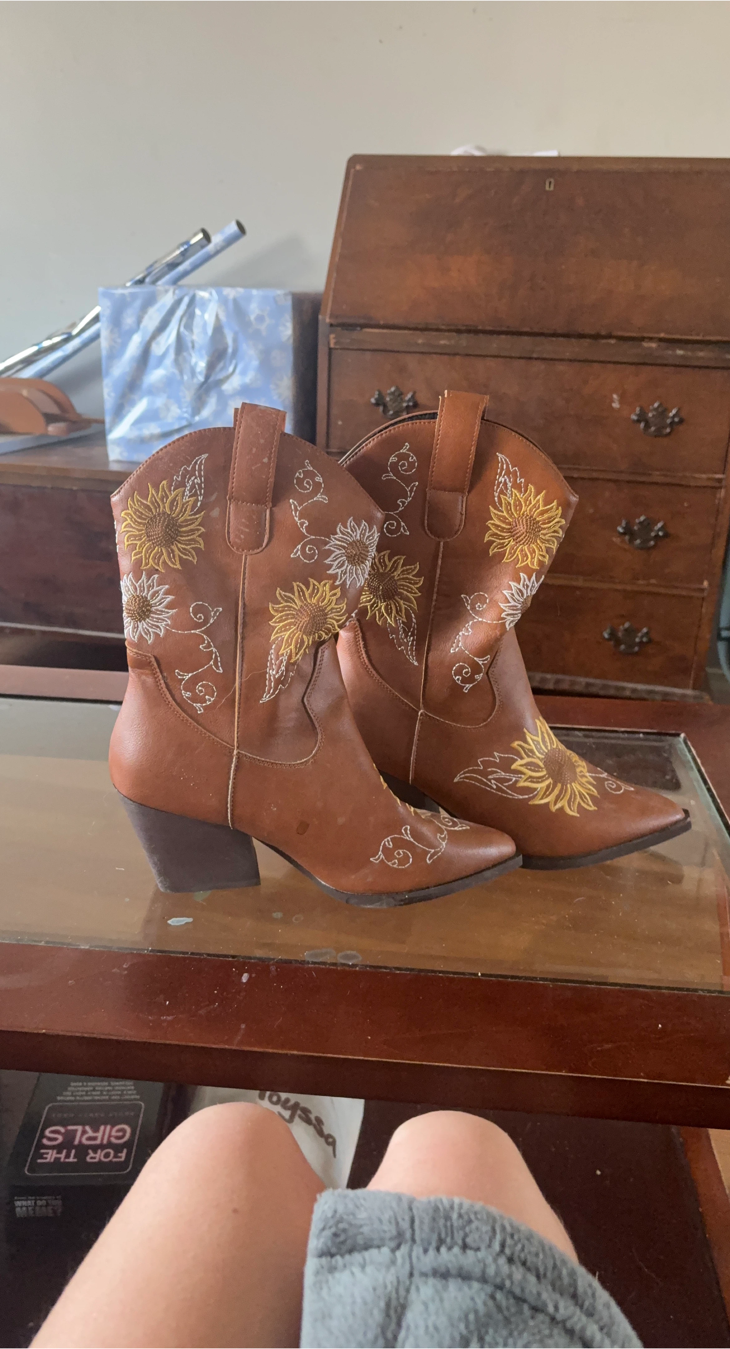 Brown Cowboy Boots with Sunflower Design