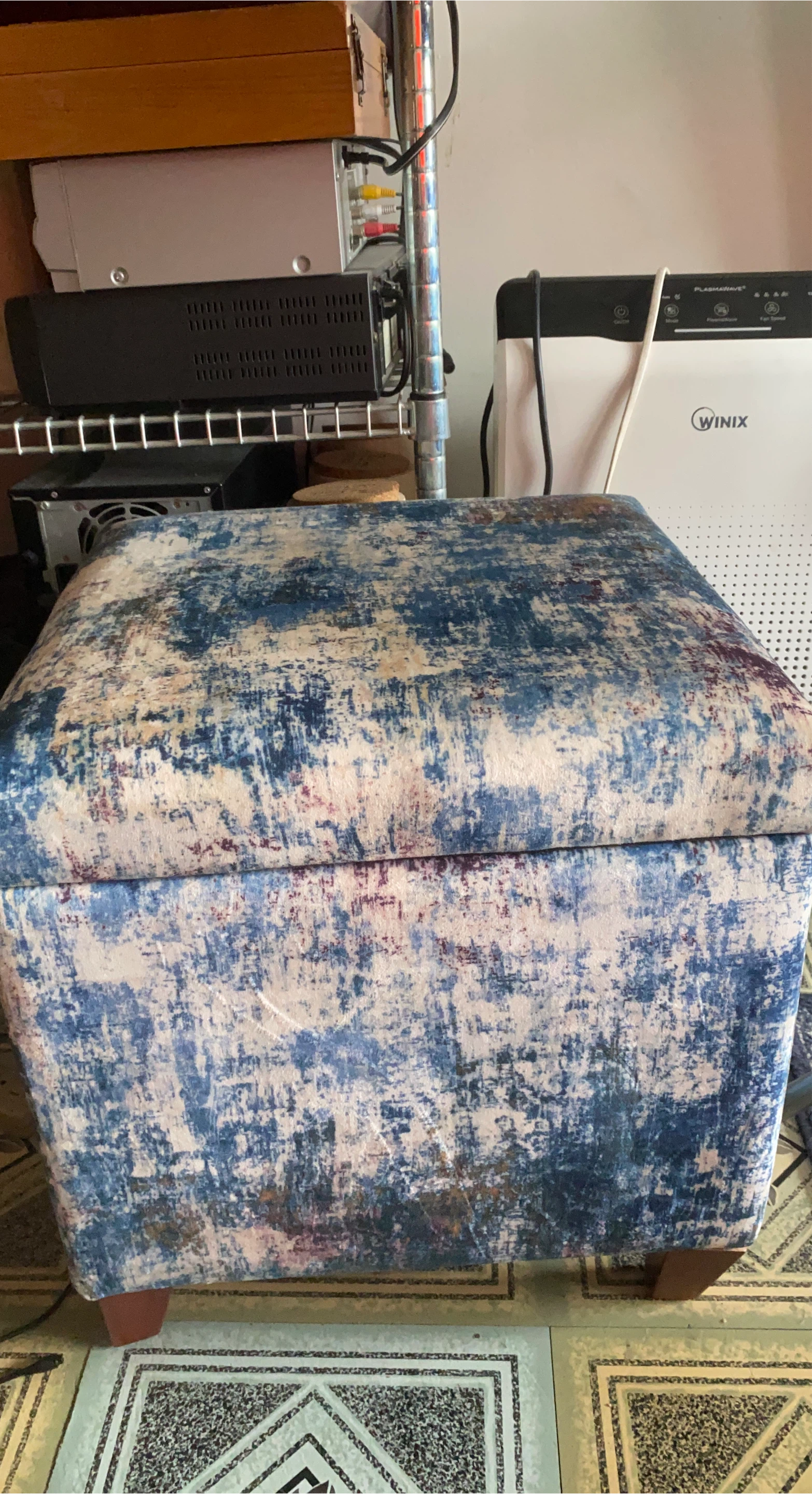 Blue Patterned Storage Ottoman