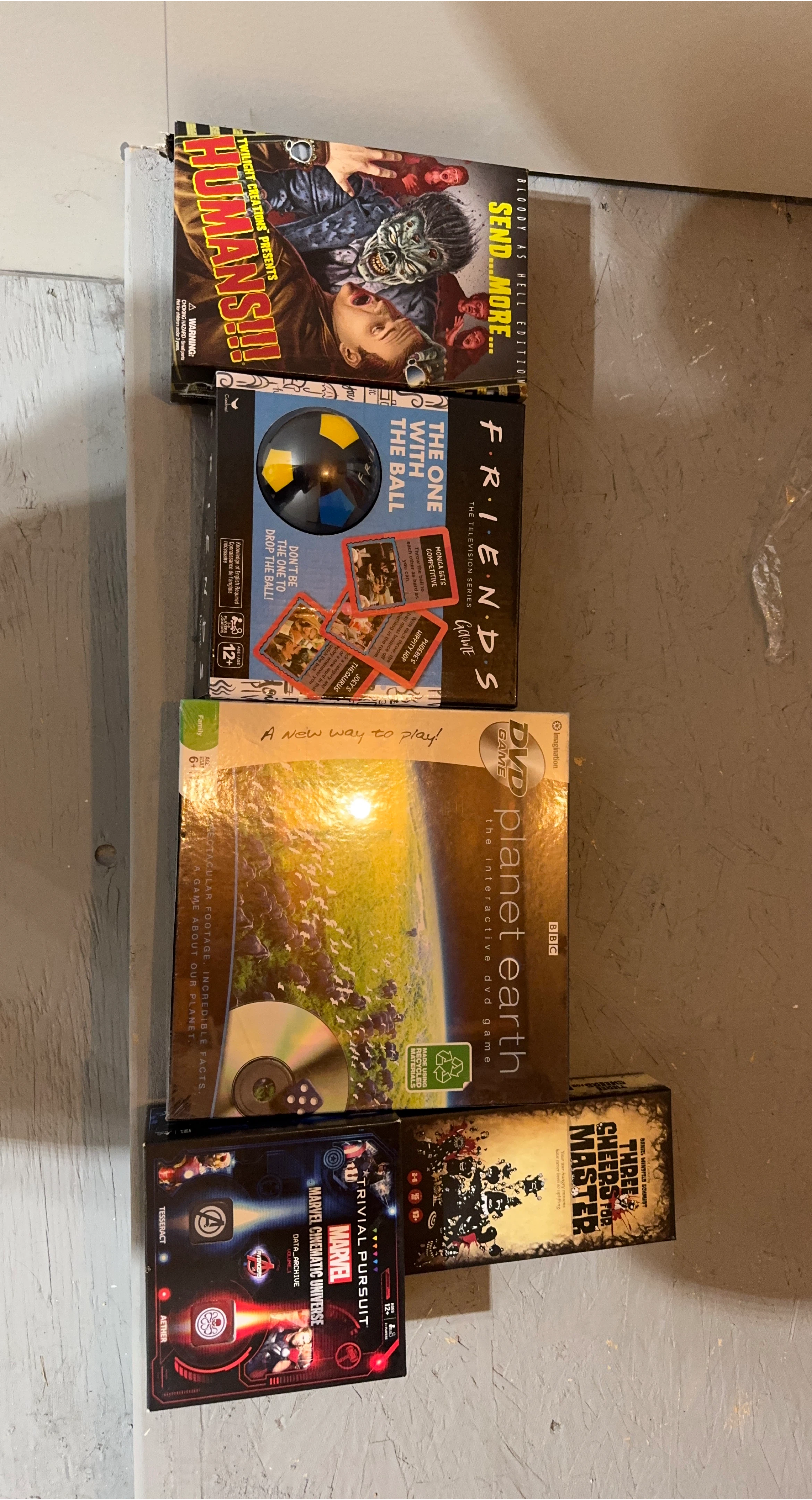 Board Games: Humans!!!, Friends, Planet Earth, Trivial Pursuit