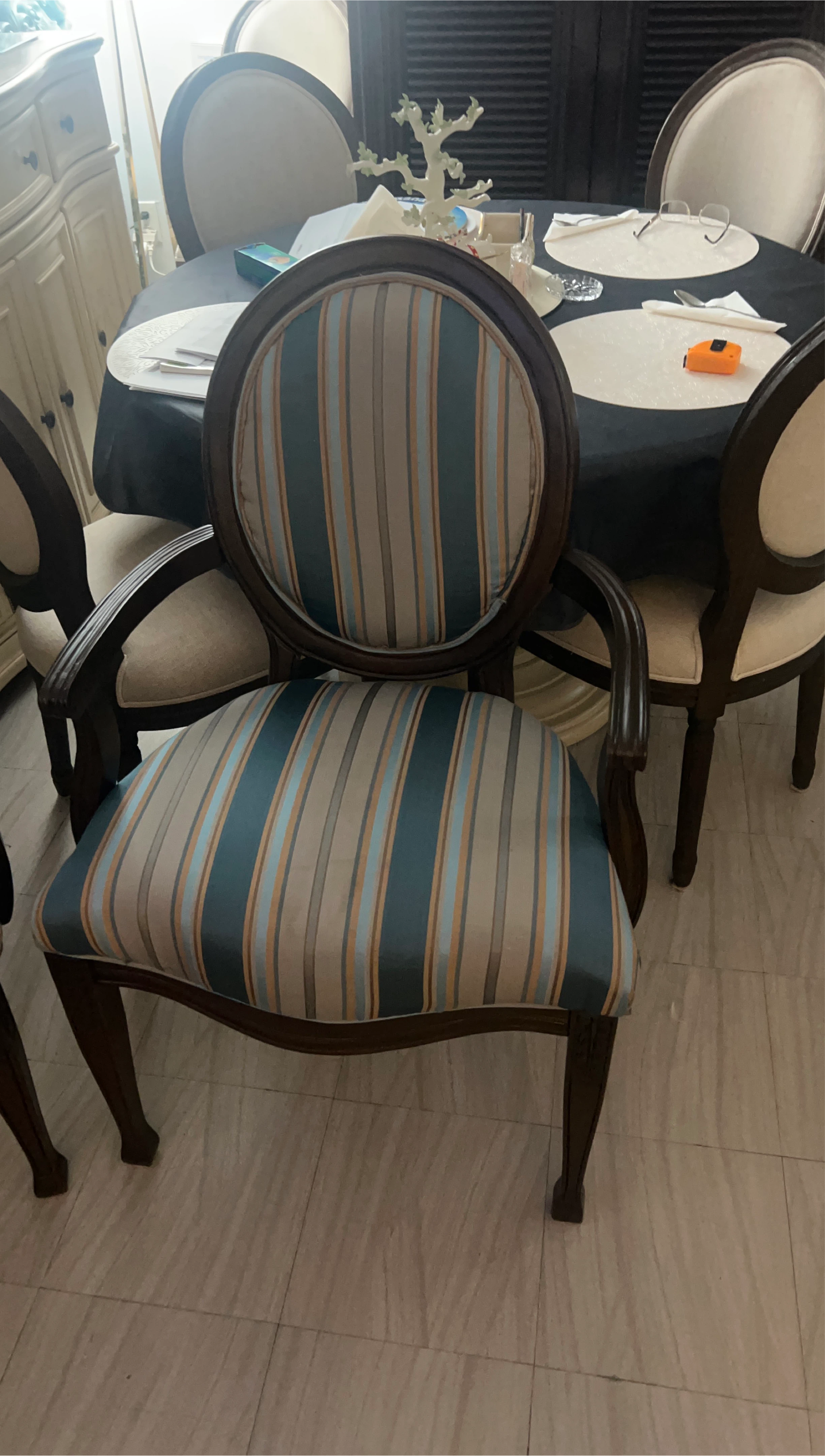Striped Upholstered Dining Chair with Wooden Frame