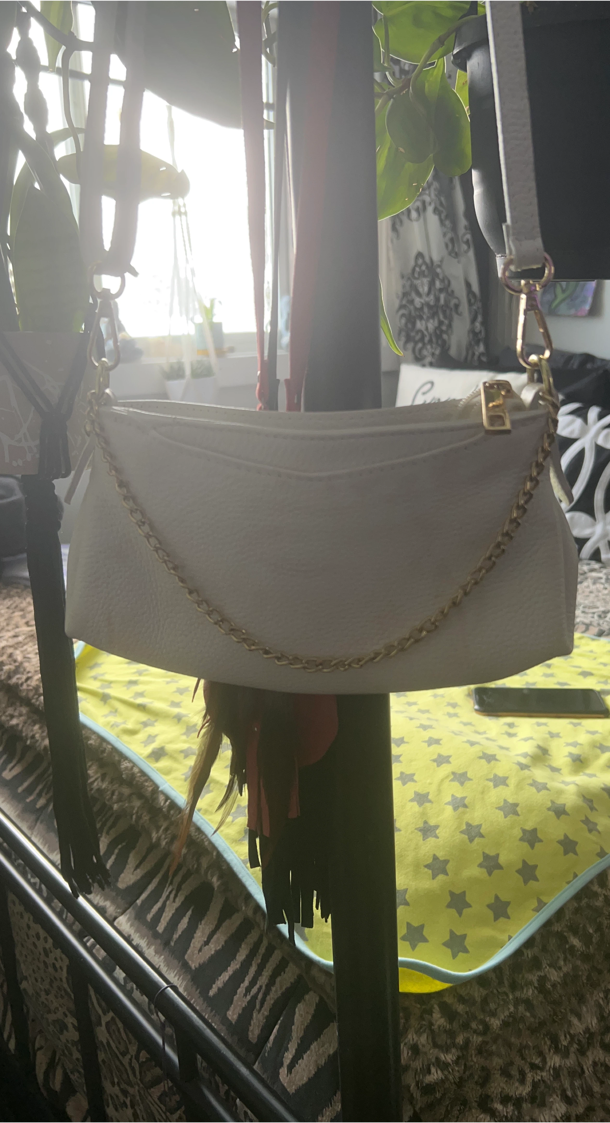 White Shoulder Bag with Gold Chain