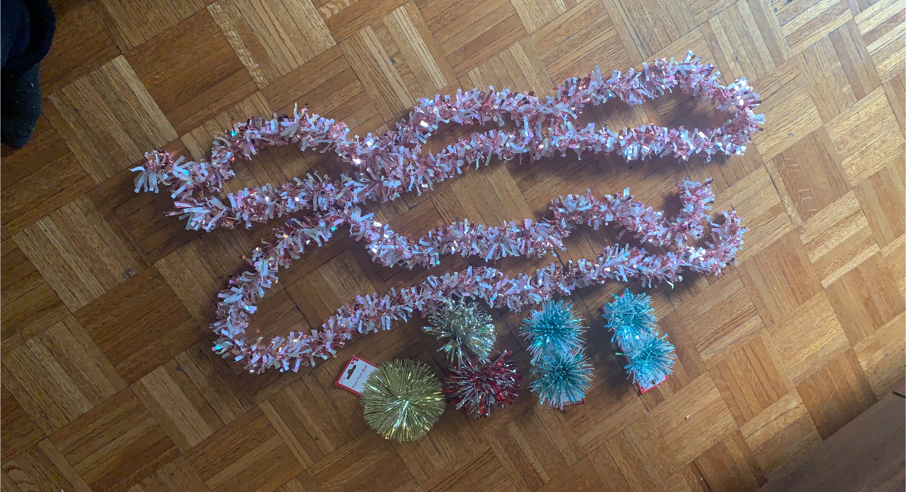 Christmas Tinsel Garland & Pom Pom Bows