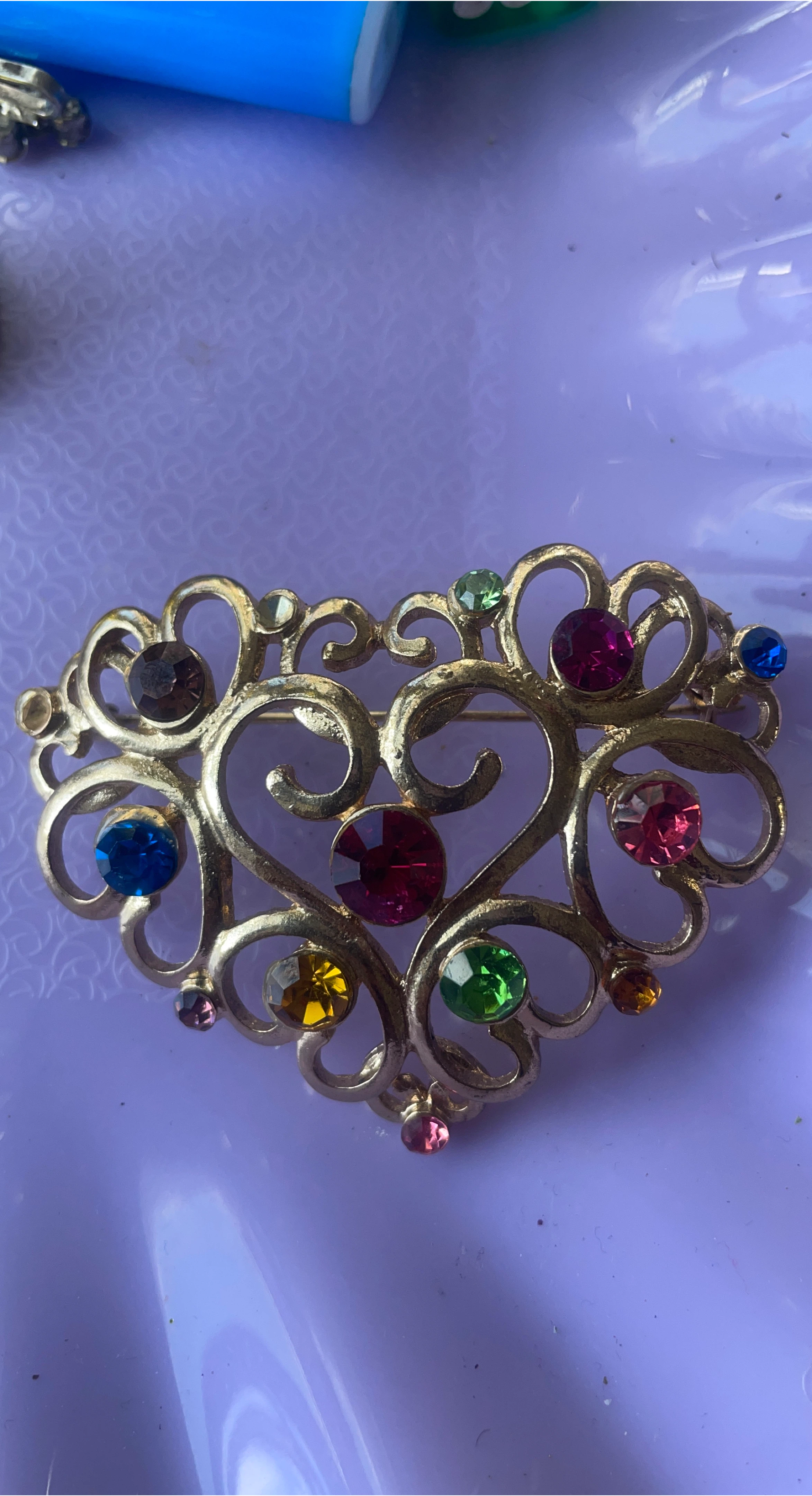 Vintage Gold Tone Brooch with Colorful Rhinestones