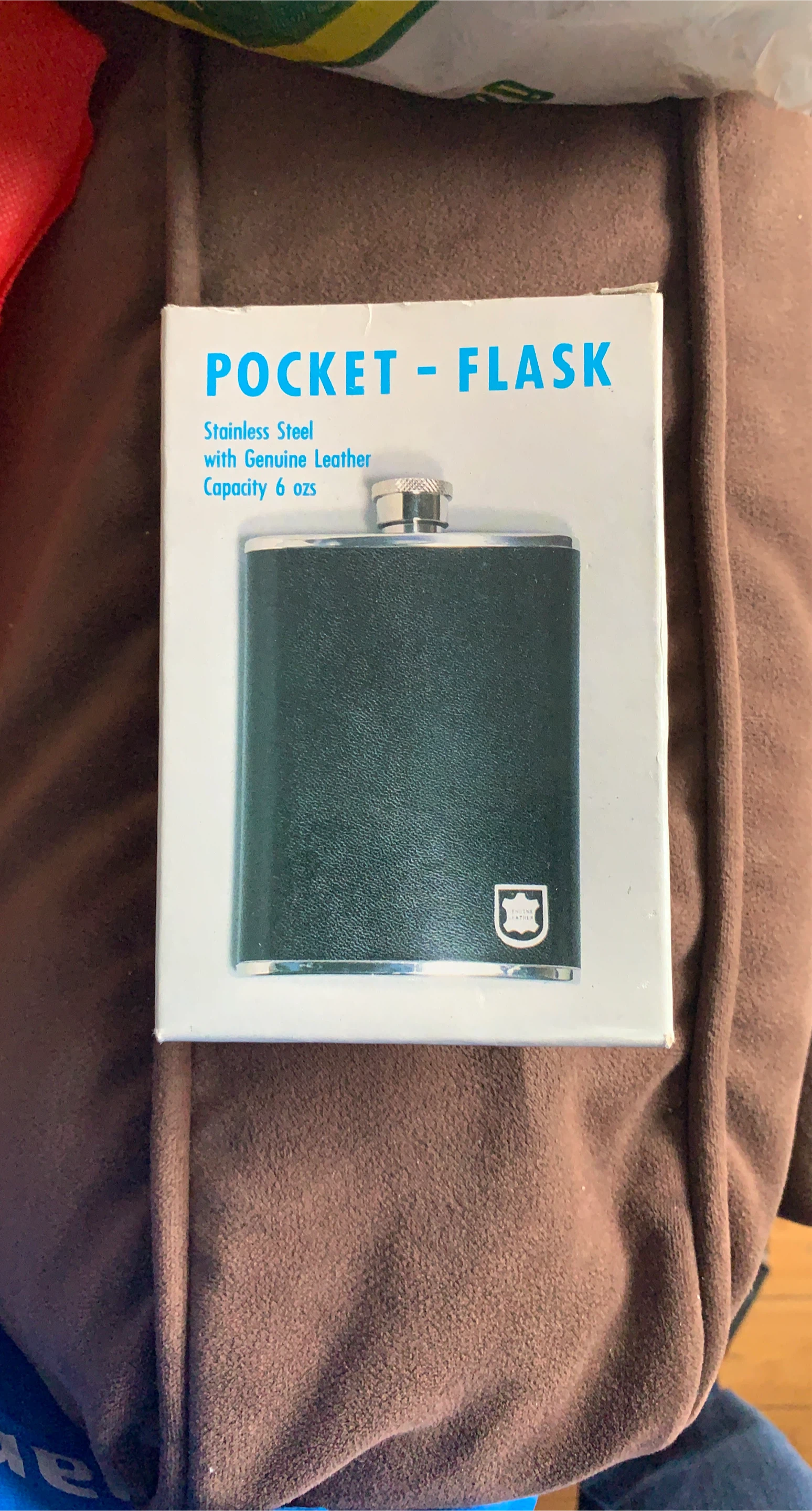 Pocket Flask - Stainless Steel with Genuine Leather, 6 oz