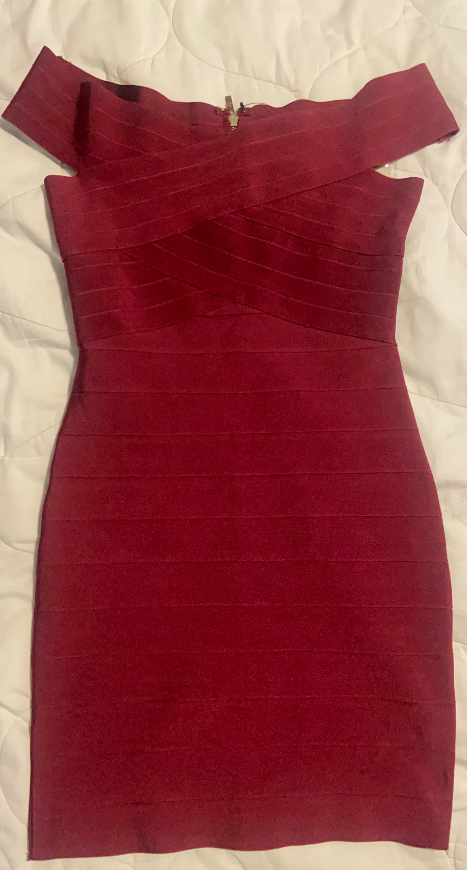 Akira Burgundy Bandage Off-Shoulder Dress