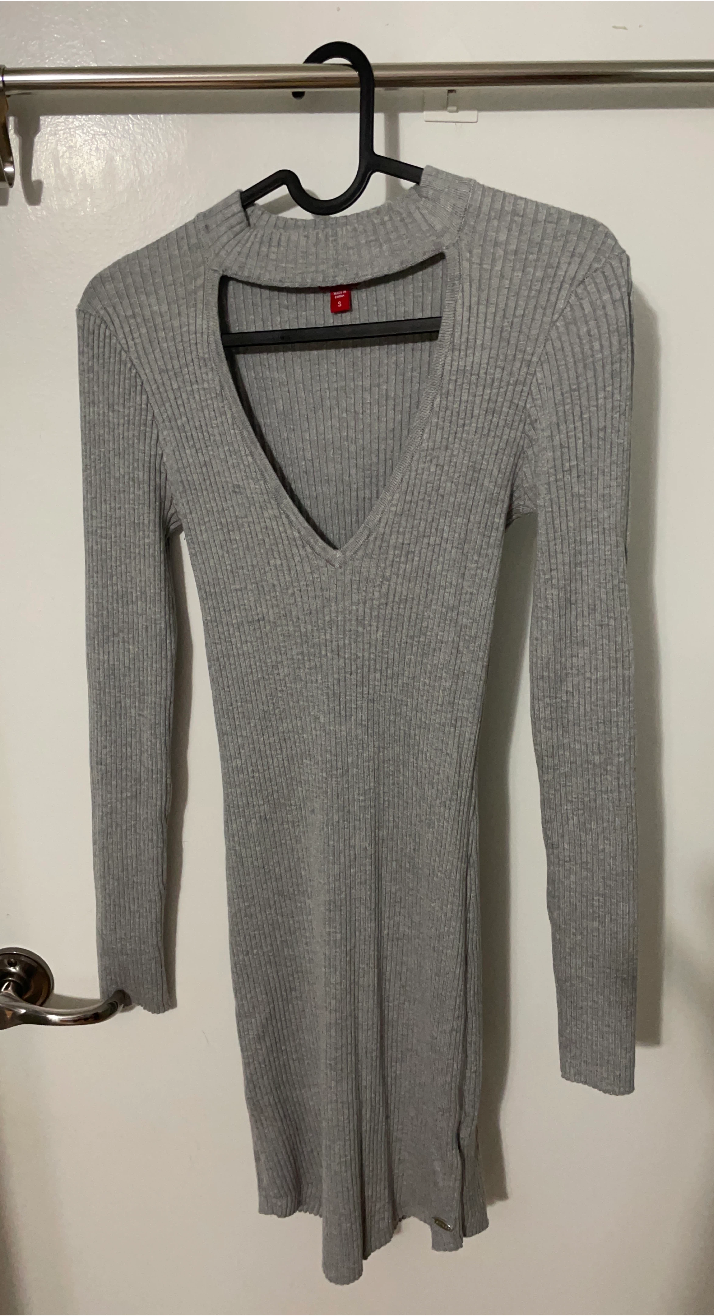 Guess Grey Ribbed Long Sleeve Mini Dress - Size S
