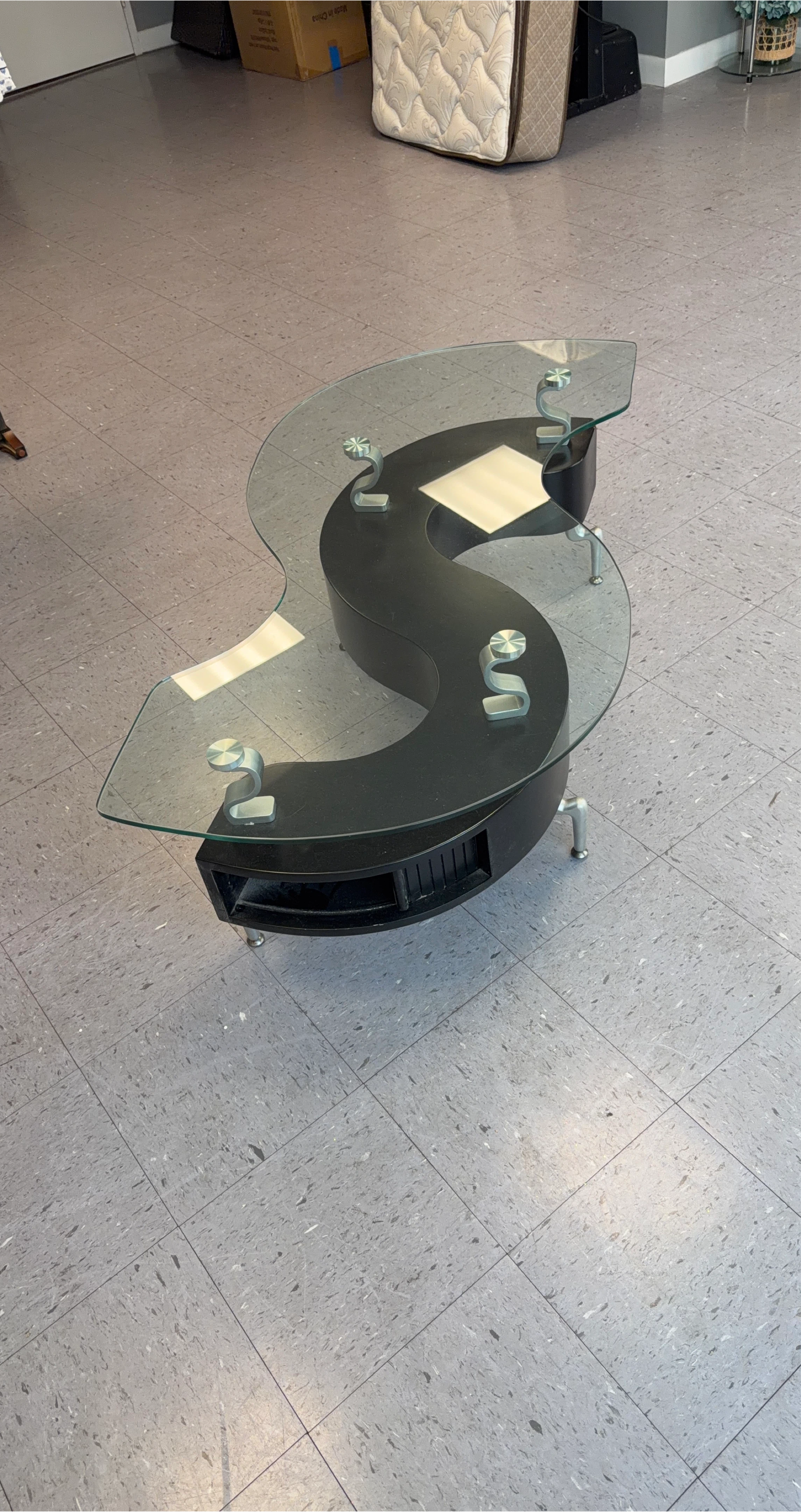 Black S-Shaped Glass Coffee Table