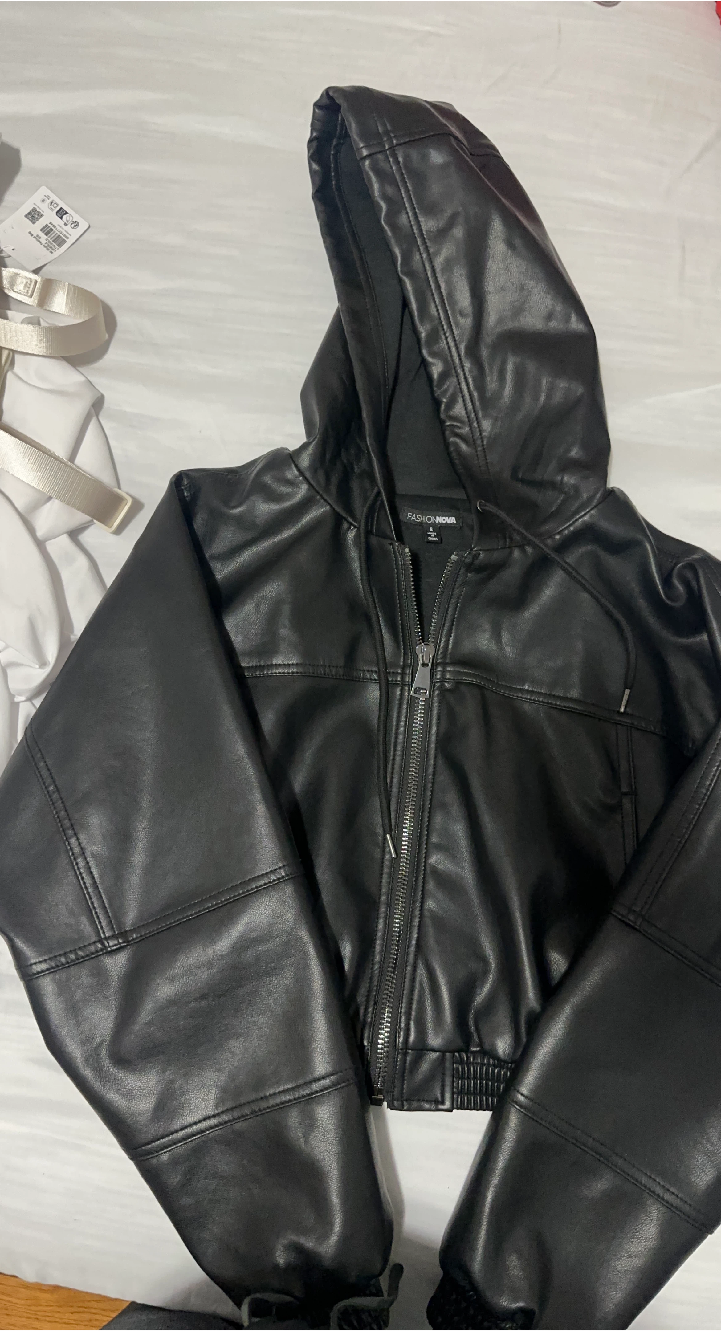 Fashion Nova Black Faux Leather Hooded Jacket - Size S