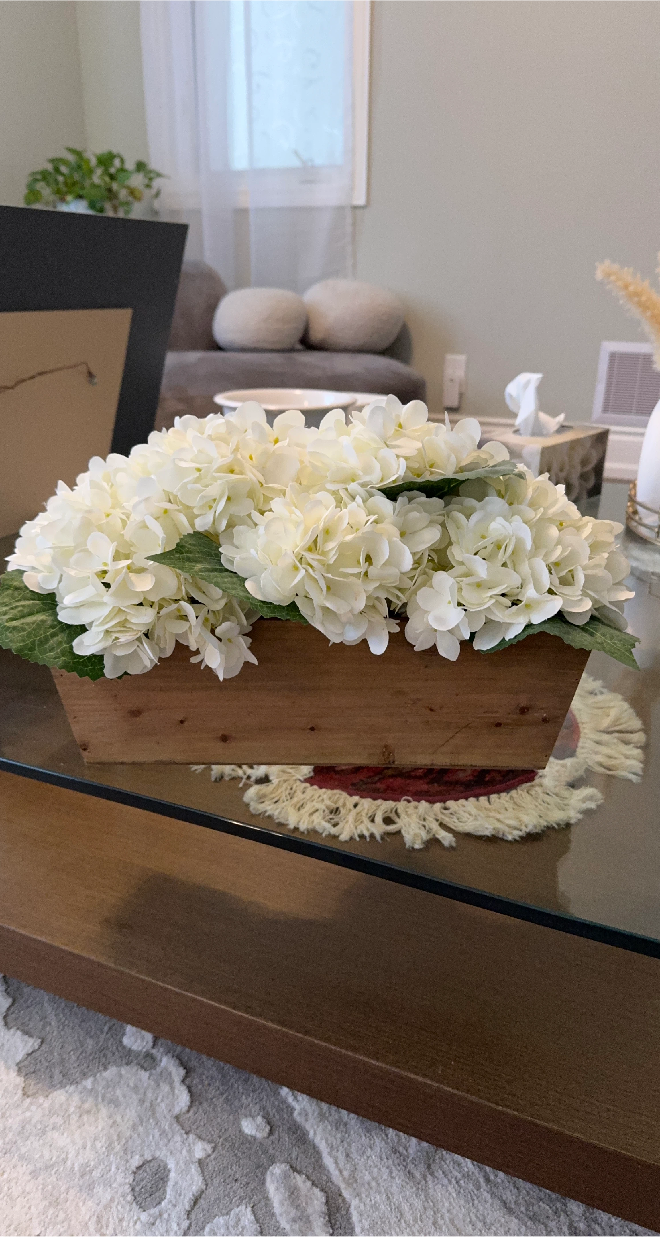 White Hydrangea Arrangement in Wood Box