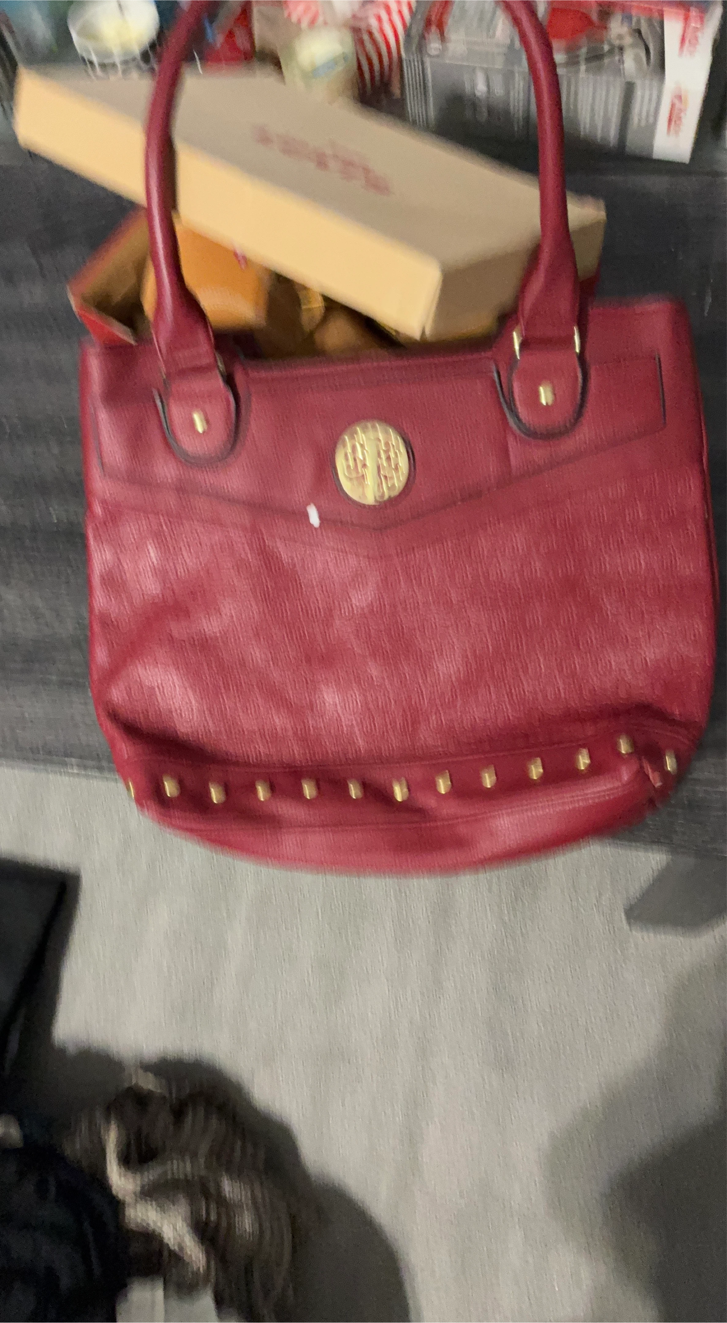 Burgundy Tote Bag and red shirt