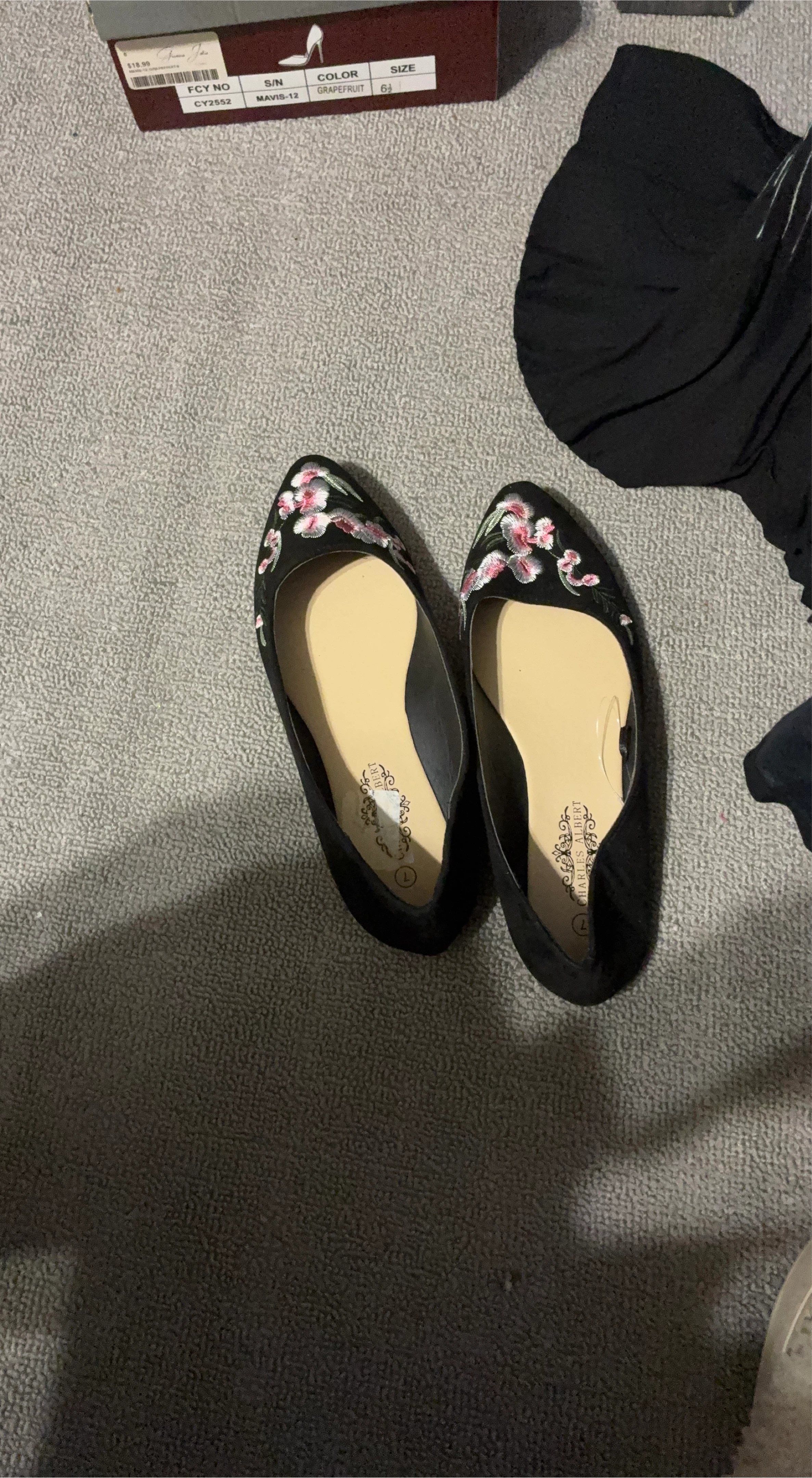Charles Albert Black Floral Flats - Size 6