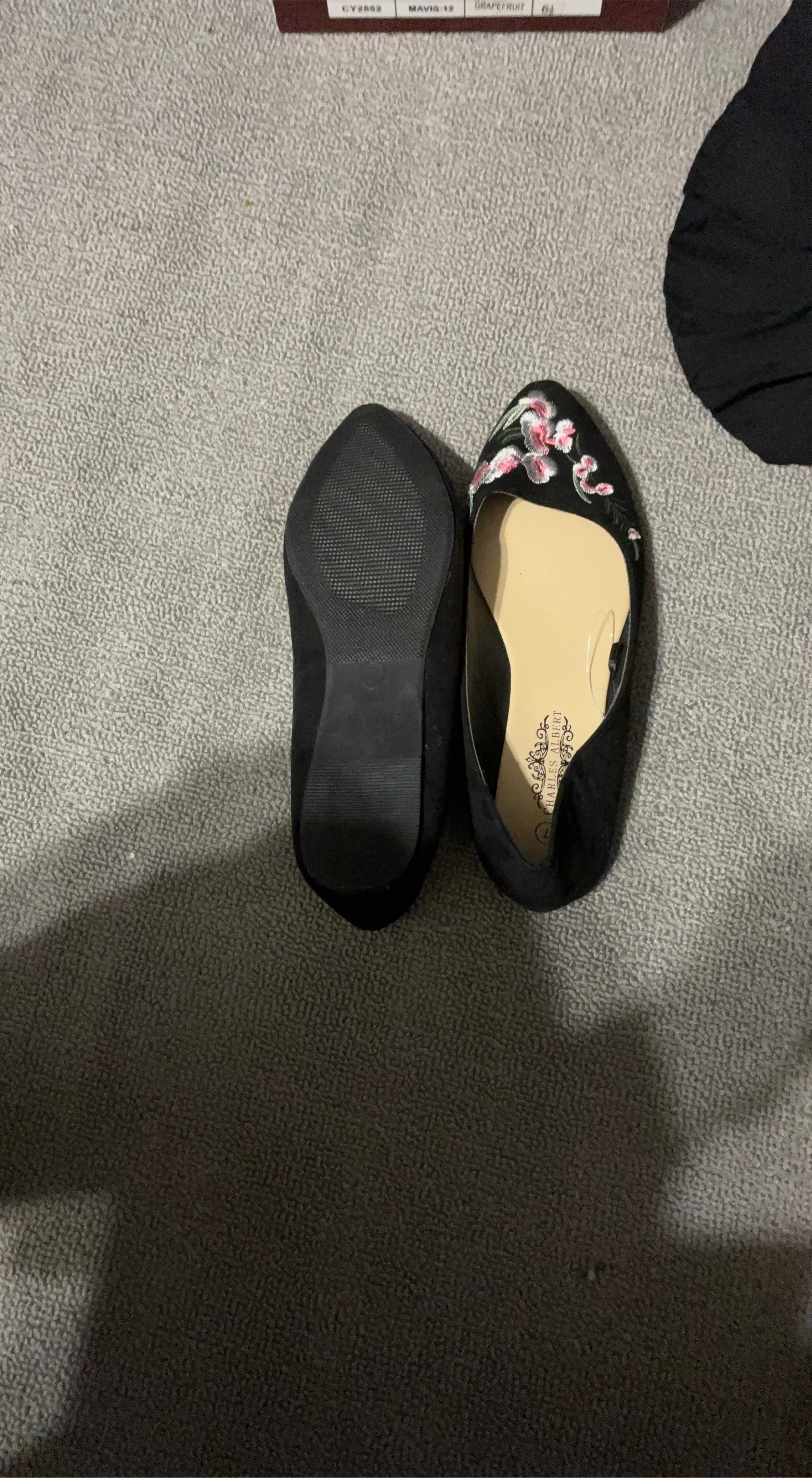 Charles Albert Black Floral Flats Size 6