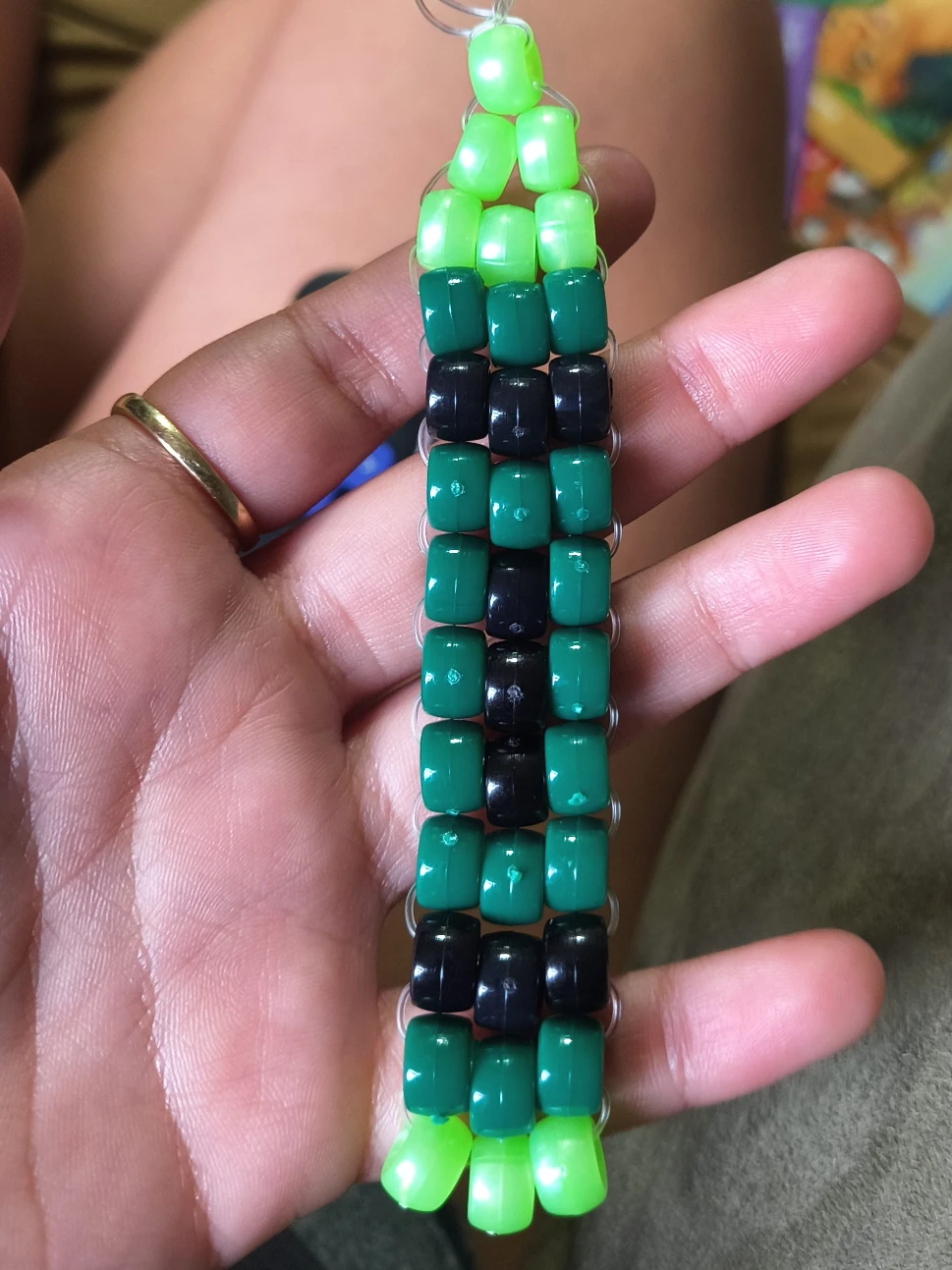 Handmade Beaded keychain - Green and Black