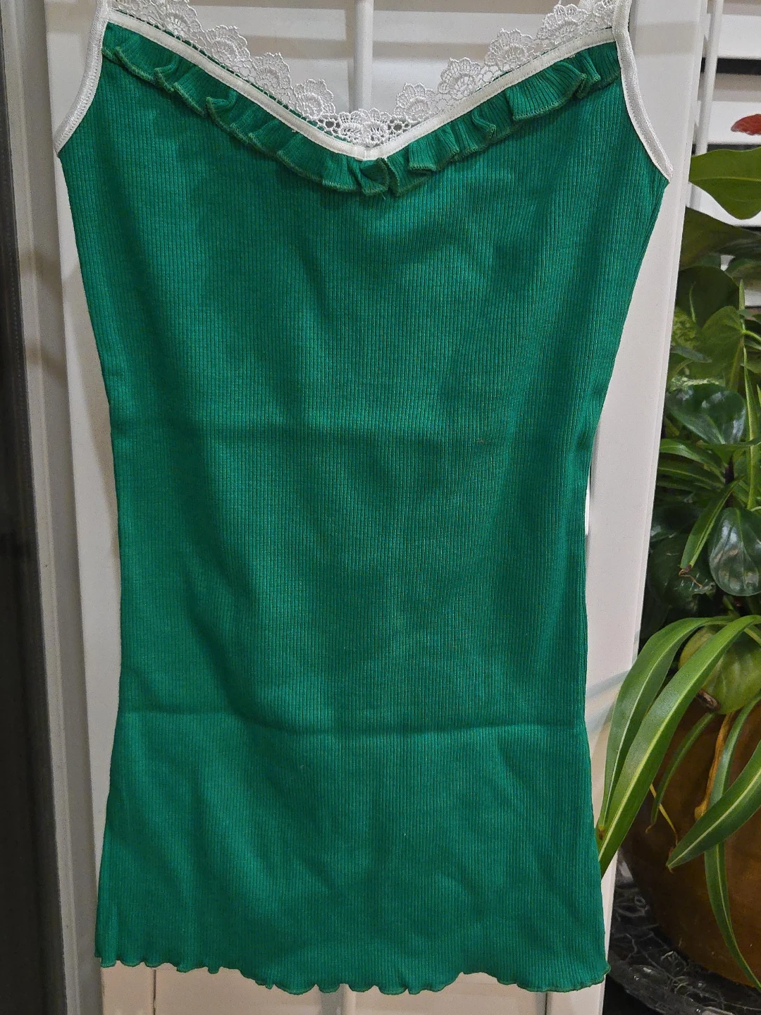 Green Ribbed Tank Top with Lace Trim