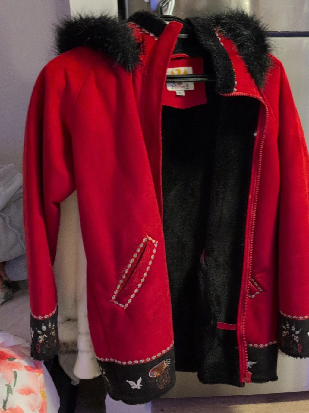 Red Faux Fur Trimmed Coat