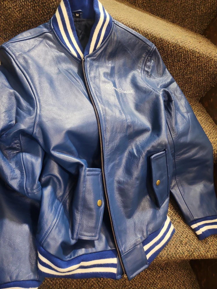 Hood Credit Blue Leather Bomber Jacket - Size M