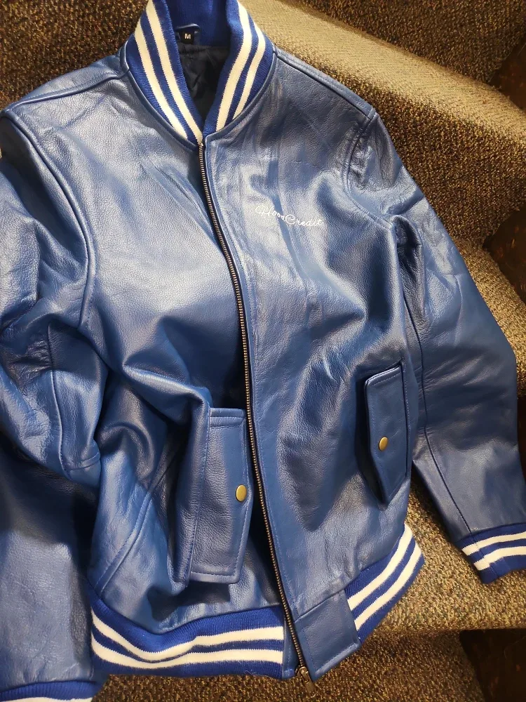 Hood Credit Blue Leather Bomber Jacket - Size M