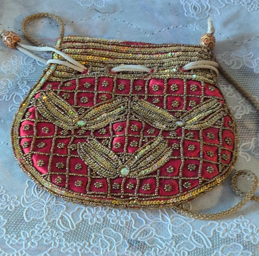 Red Beaded Drawstring Purse