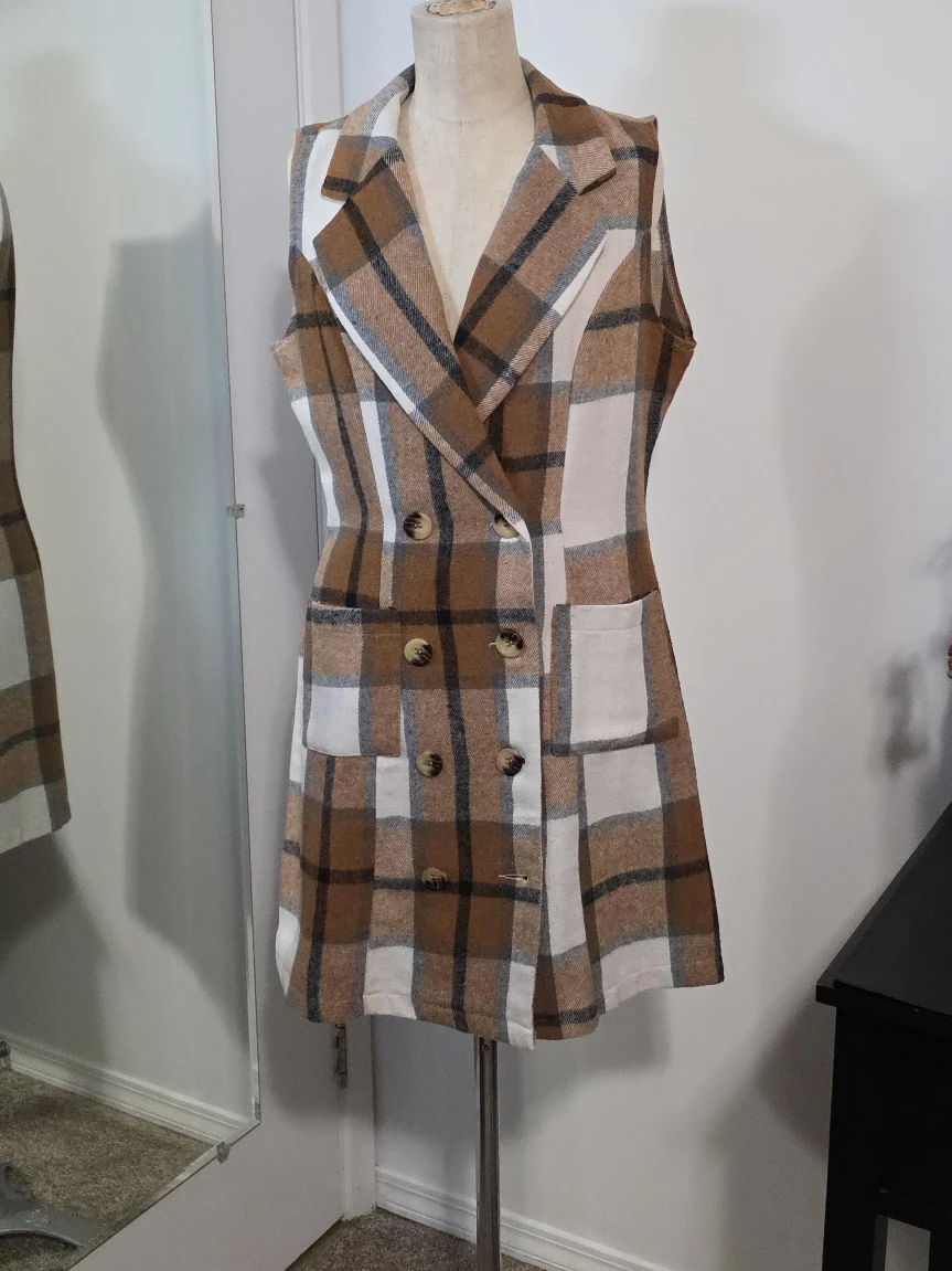 Brown & White Plaid Sleeveless Blazer Dress