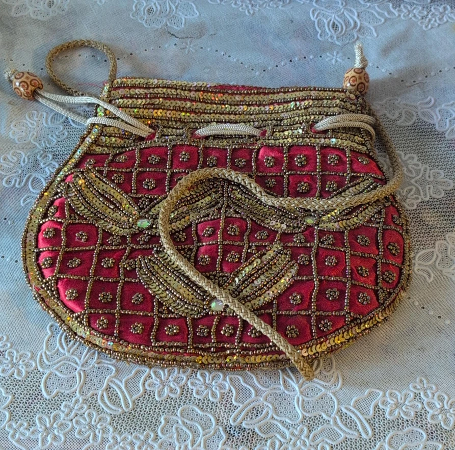 Red & Gold Beaded Drawstring Bag