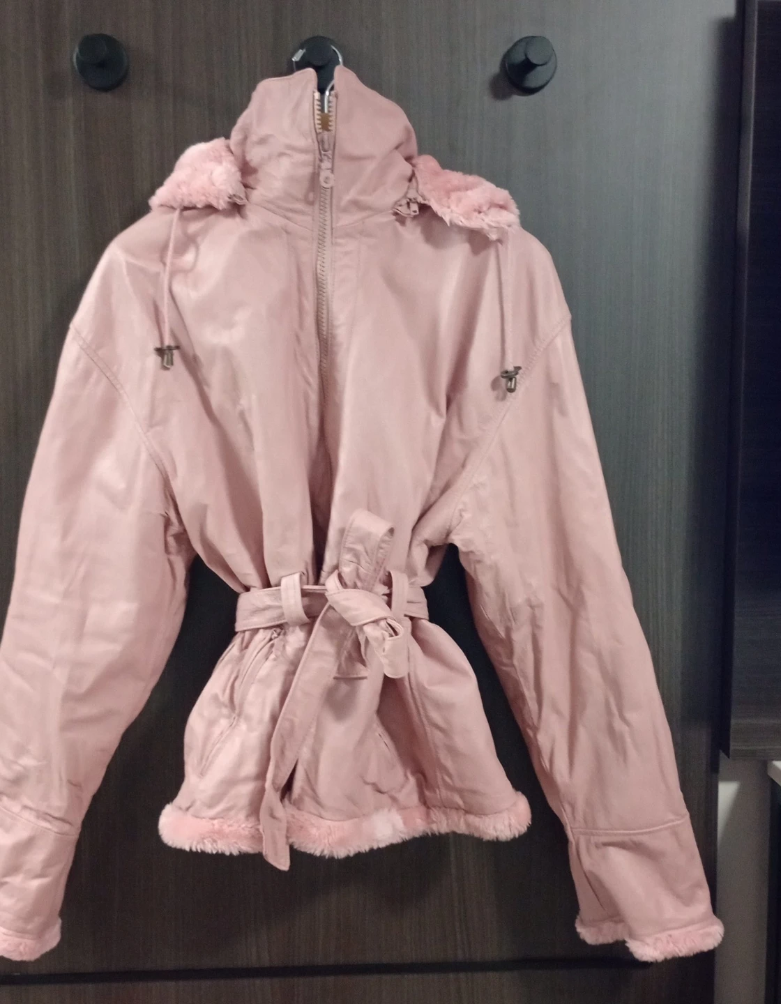 Pink Faux Hooded Leather Jacket
