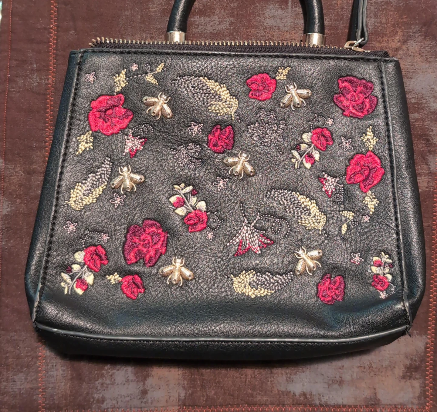 Floral Embroidered Black Handbag