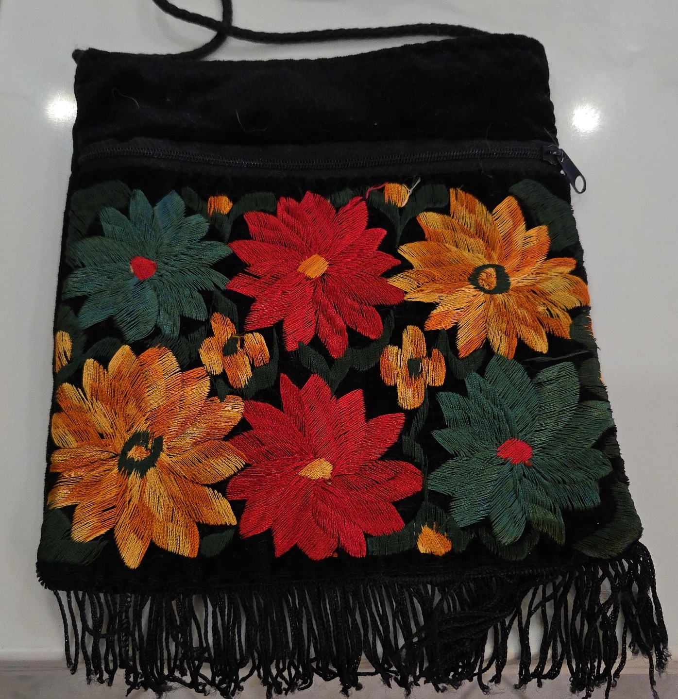 Floral Embroidered Black Velvet Shoulder Bag