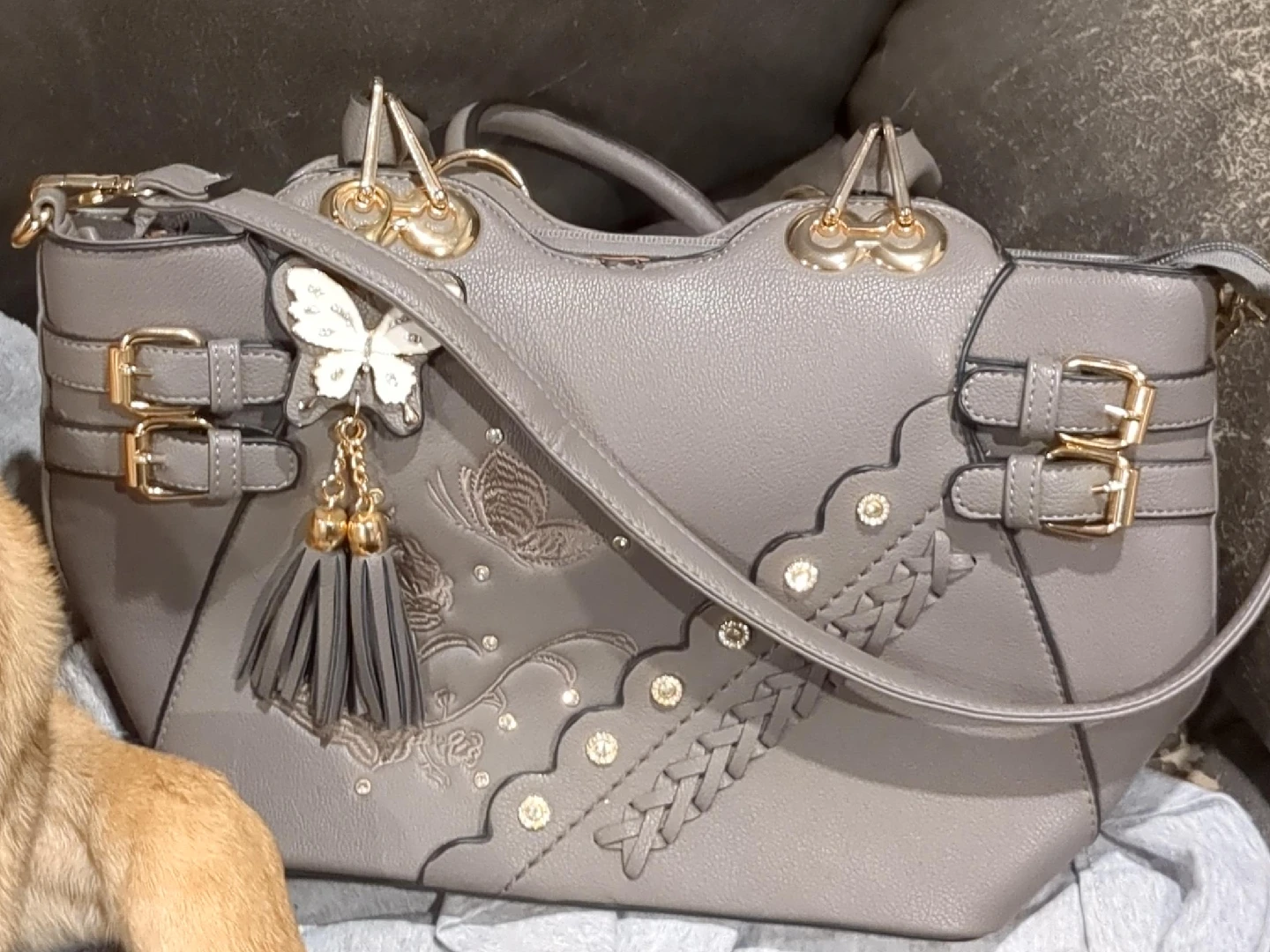 Grey Butterfly Design Handbag