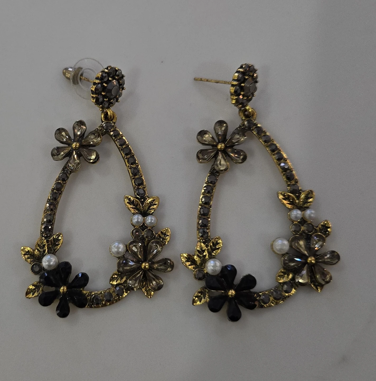 Floral Dangle Earrings - Black & Gold Tone image indicator(1)