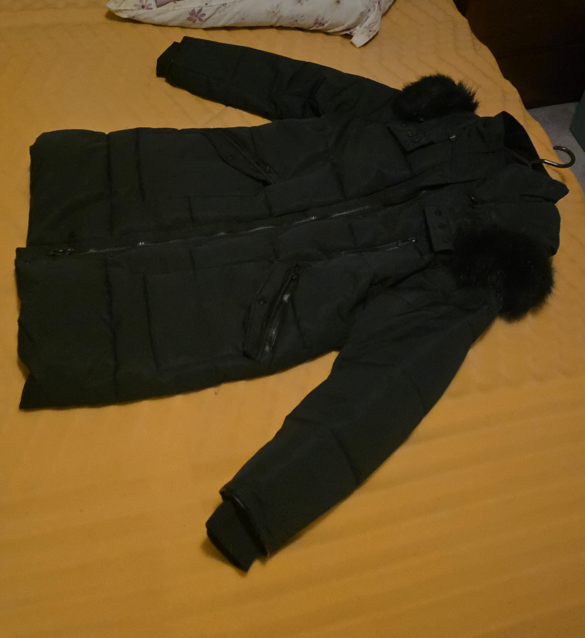 Black Puffer Coat with Faux Fur Trim