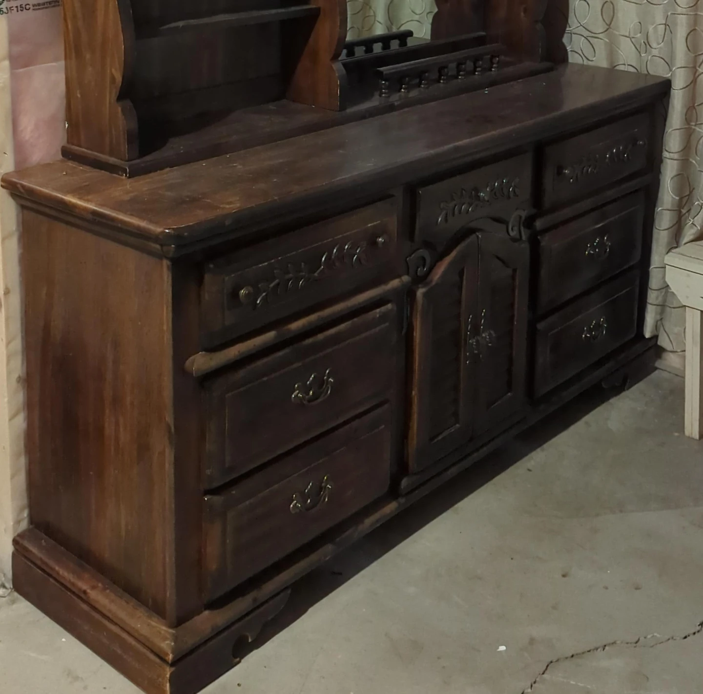 Vintage Dark Wood Dresser with Hutch