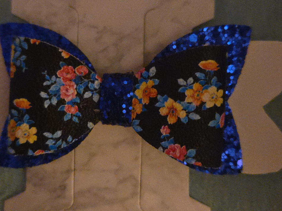 Floral Bow Hair Clip - Blue & Black