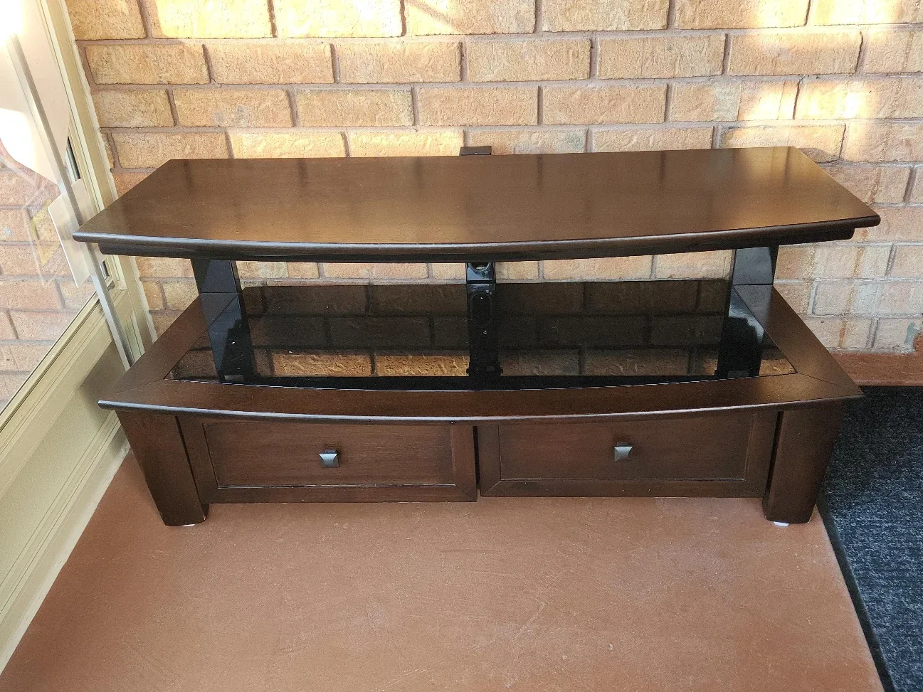 Dark Brown Wood TV Stand with Glass Shelf