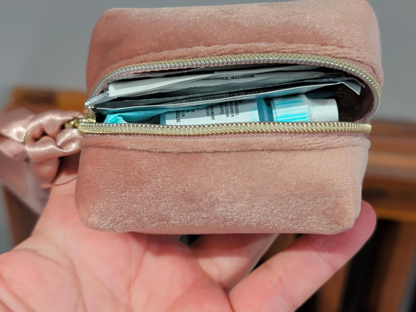 Pink Velvet Zippered Pouch Emergency Wedding Day kit thumbnail