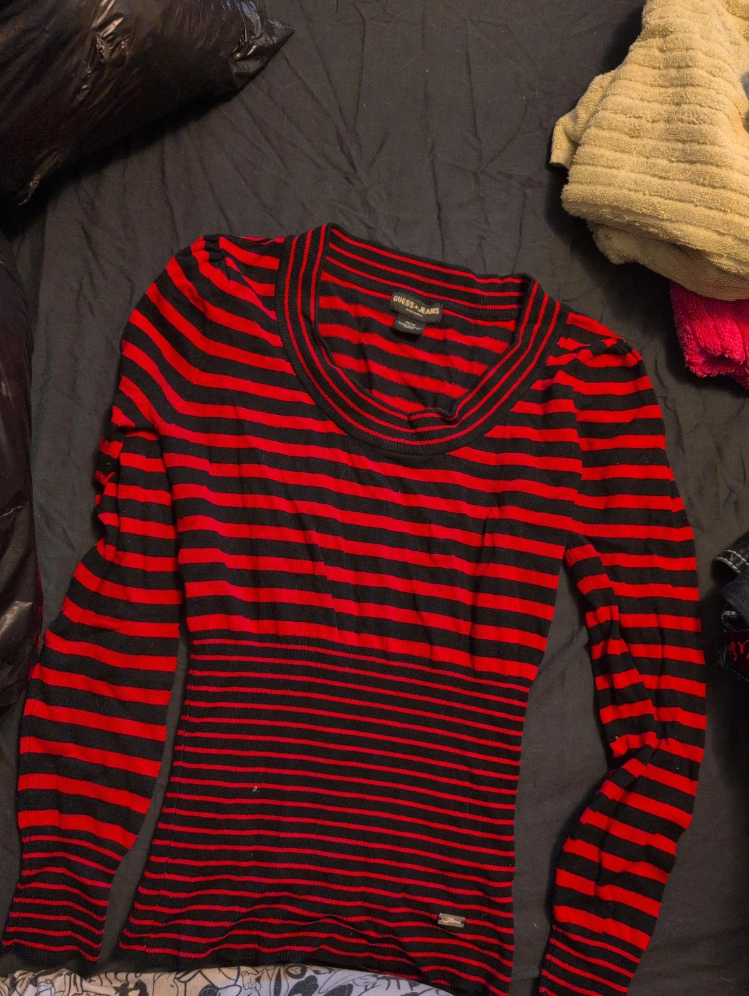 Guess Jeans Striped Long Sleeve Top - Red & Black Size M
