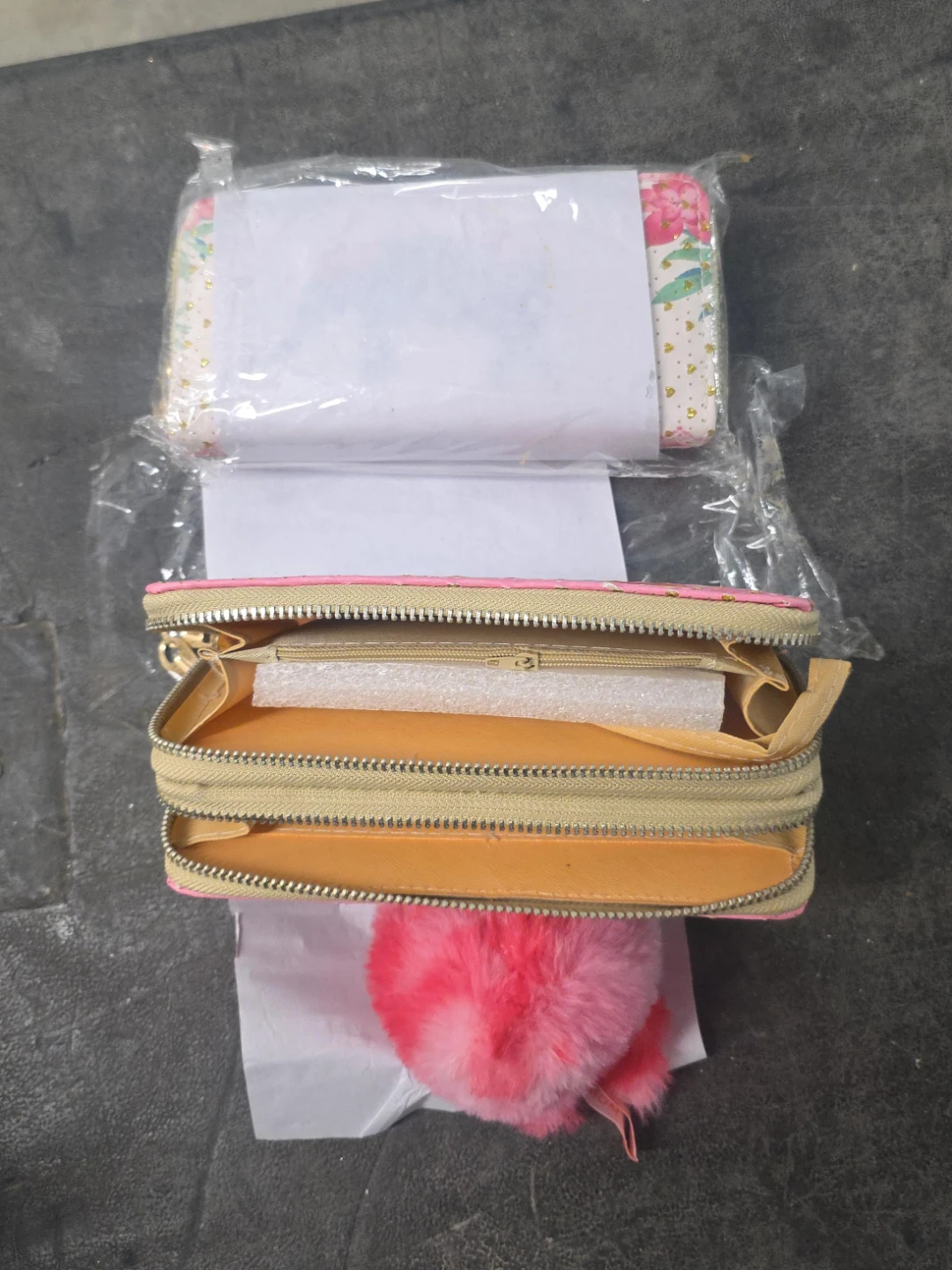 Pink & Beige Wallet with Pom-Pom - New!