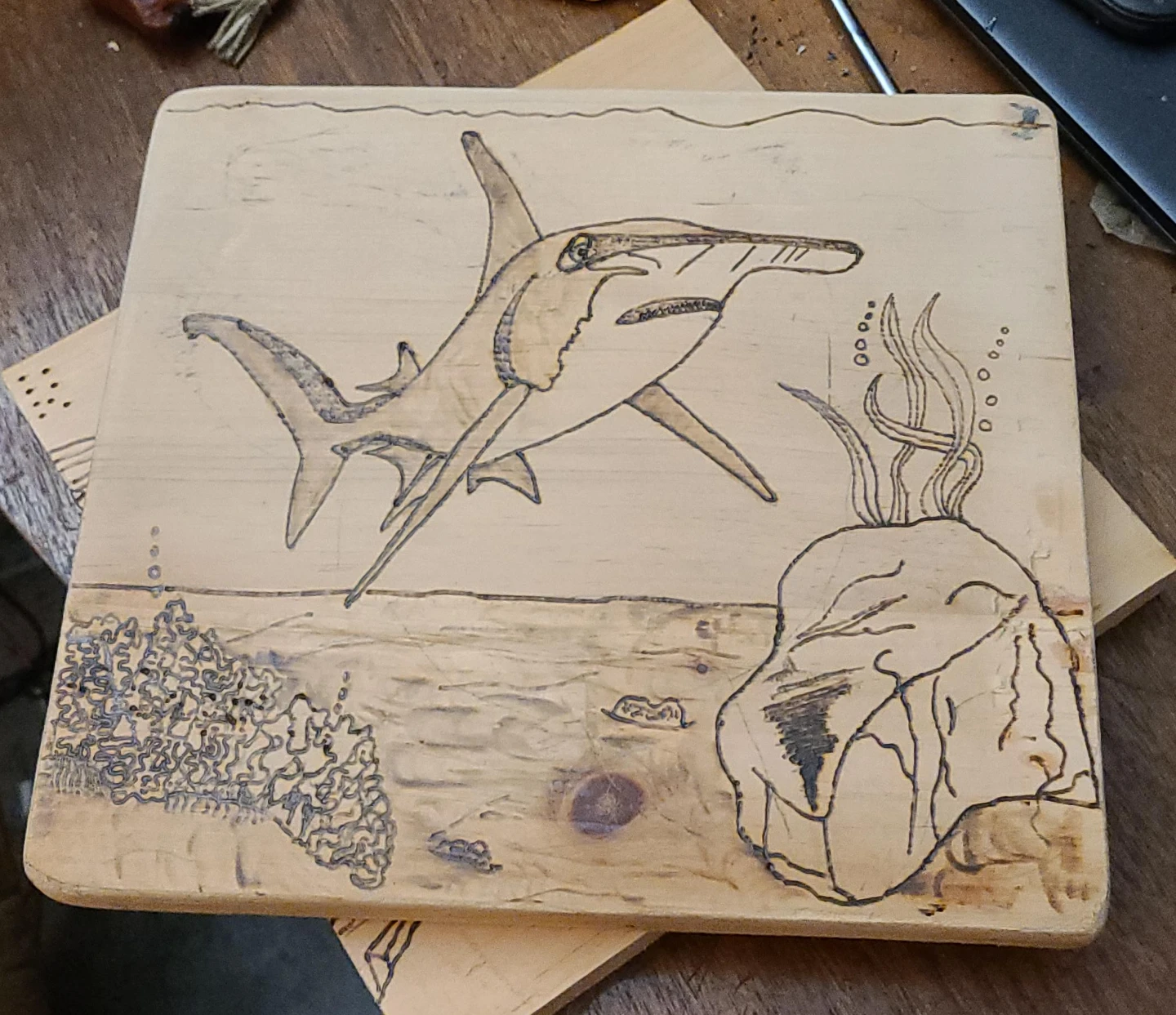 Handmade Wood Burning Art - Hammerhead Shark