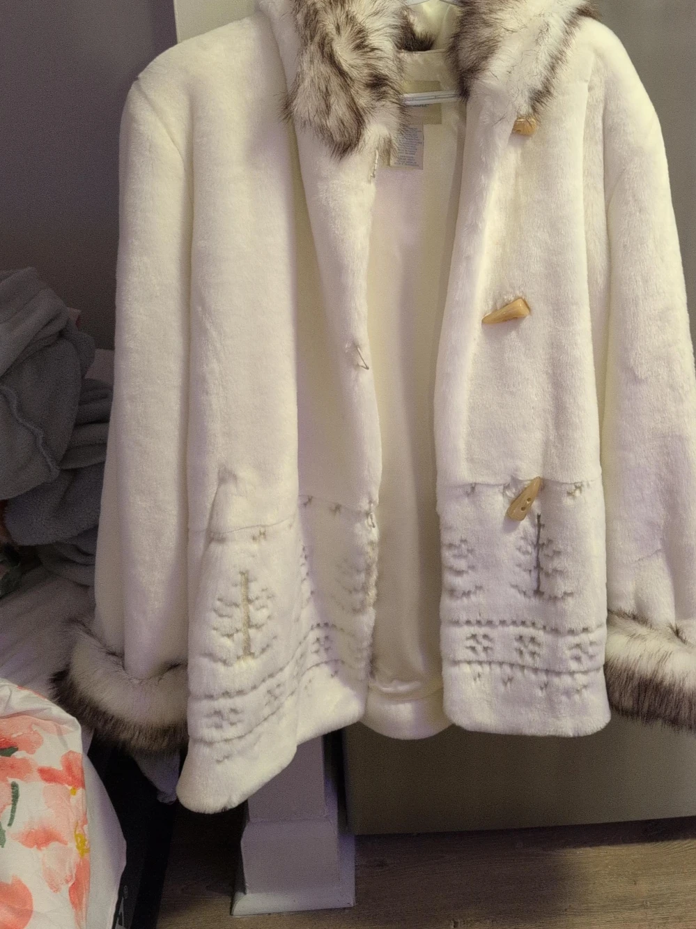 Cream Faux Fur Toggle Coat with Hood