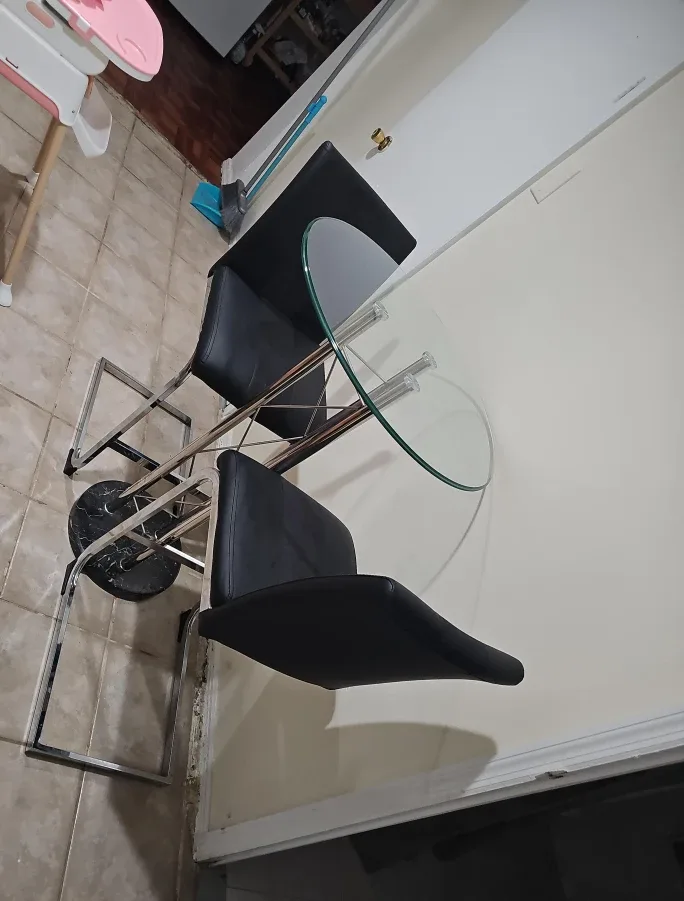 Glass Top Dining Table with 2 Black Chairs