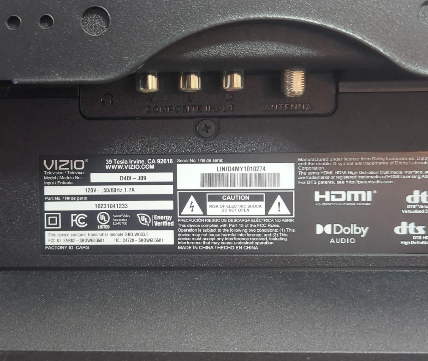 Vizio 39" TV Model D40I-J09 image indicator(2)