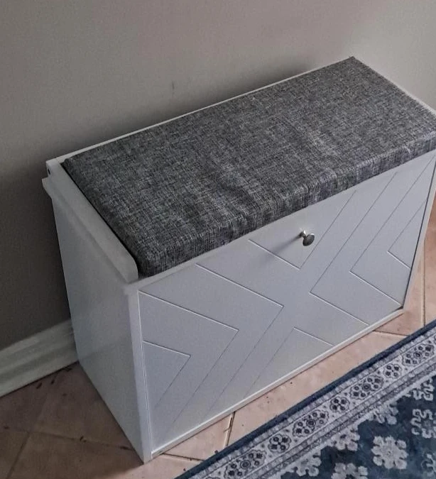 White Shoe Storage Bench with Grey Cushion