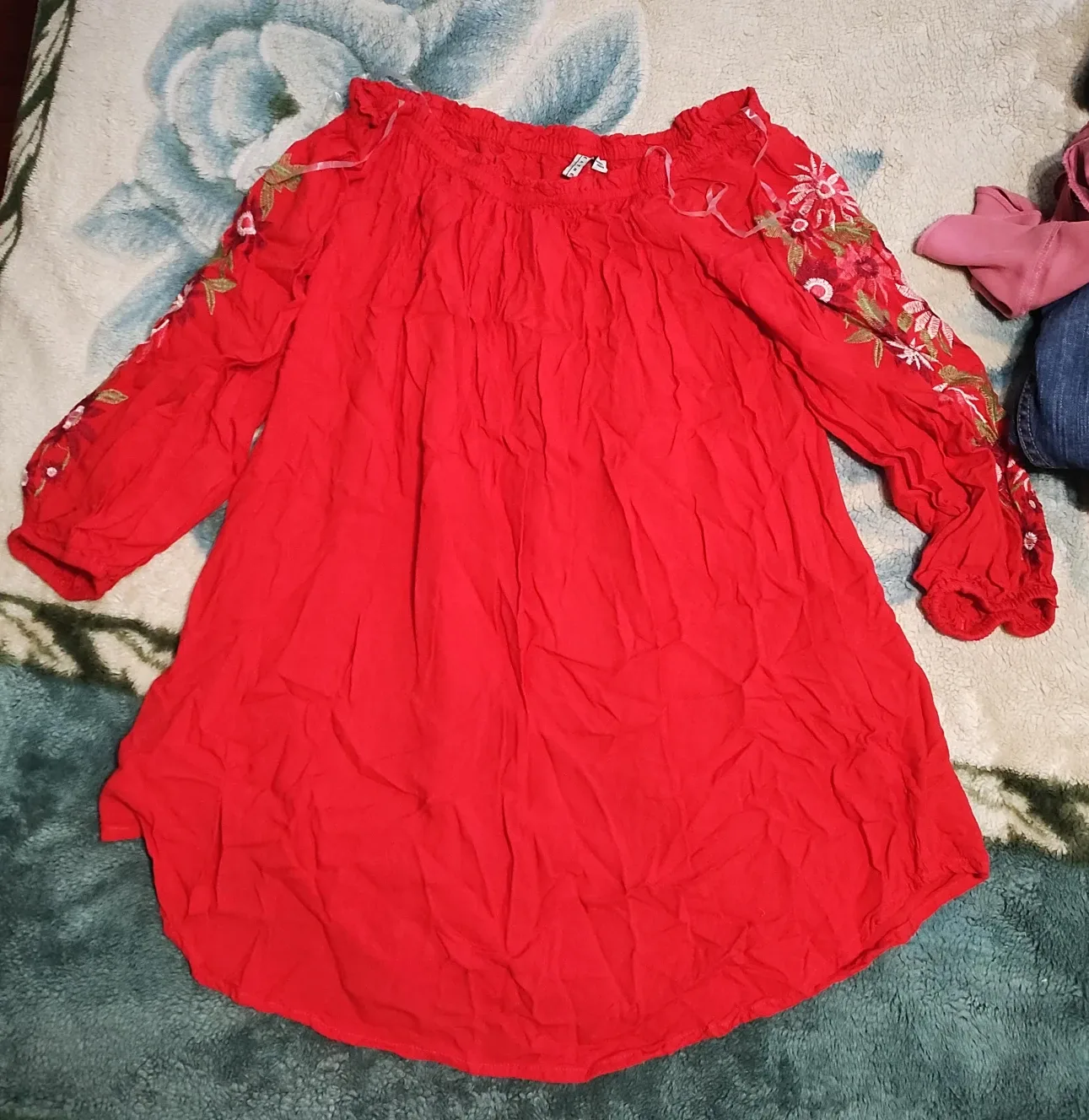 Red Embroidered Long Sleeve Top