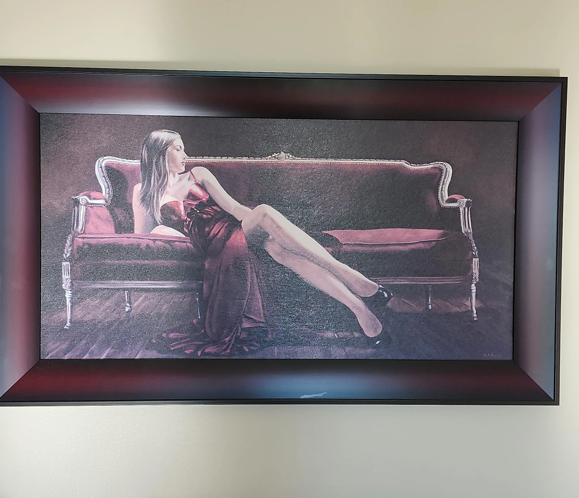 Framed Art Print Woman in Red on Vintage Sofa