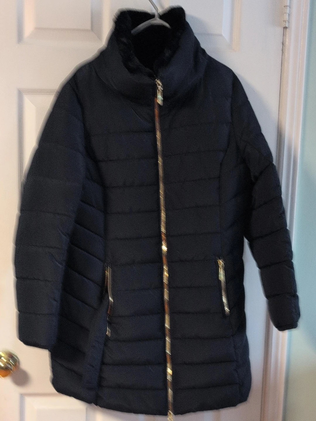 Black Puffer Jacket with Gold Zipper thumbnail