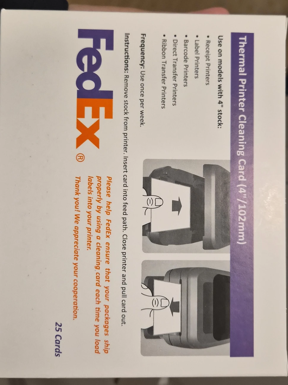 FedEx Thermal Printer Cleaning Card (4"/102mm)