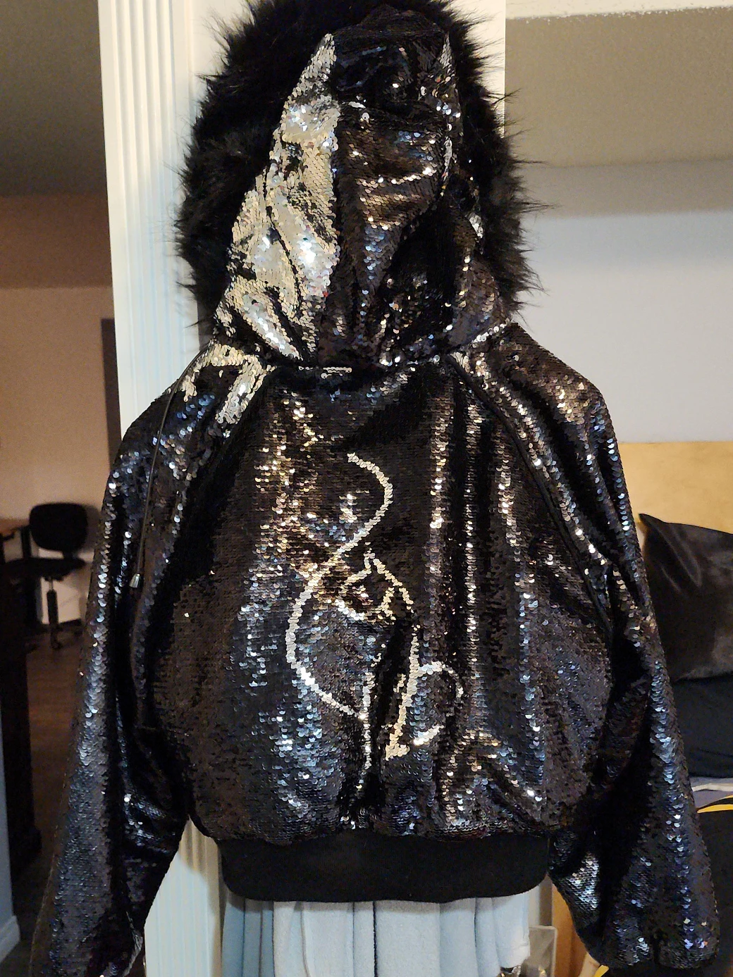 Sequin Bomber Jacket with Fur Hood