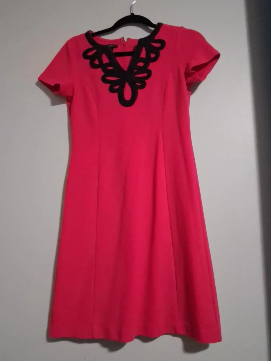 Women's Pink Short Sleeve Dress with Black Neck Trim